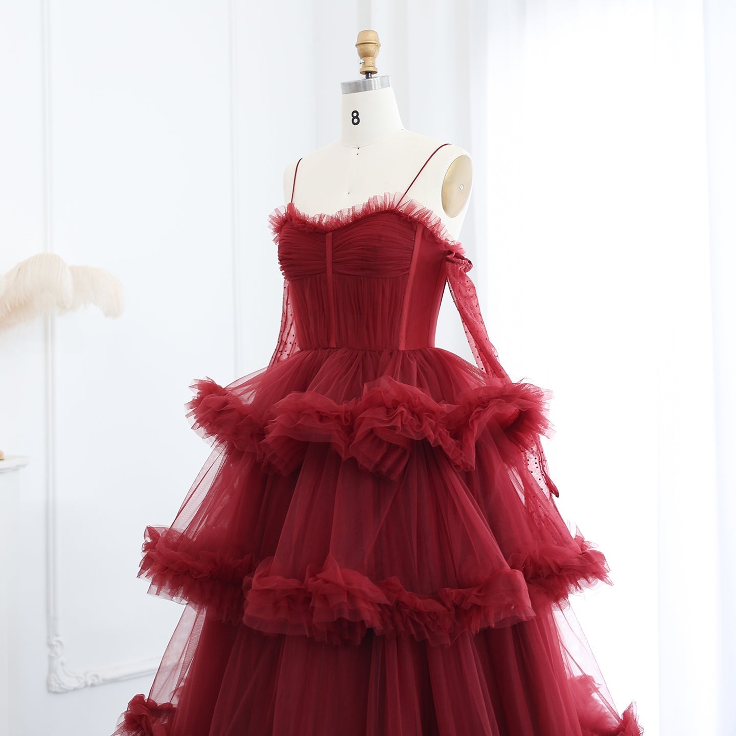 Burgundy Tulle Tiered Ruffles Evening Dresses with Gloves SS309