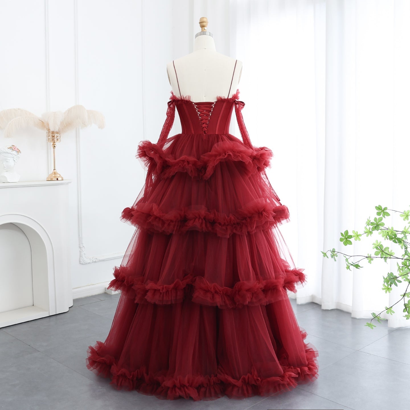 Burgundy Tulle Tiered Ruffles Evening Dresses with Gloves SS309