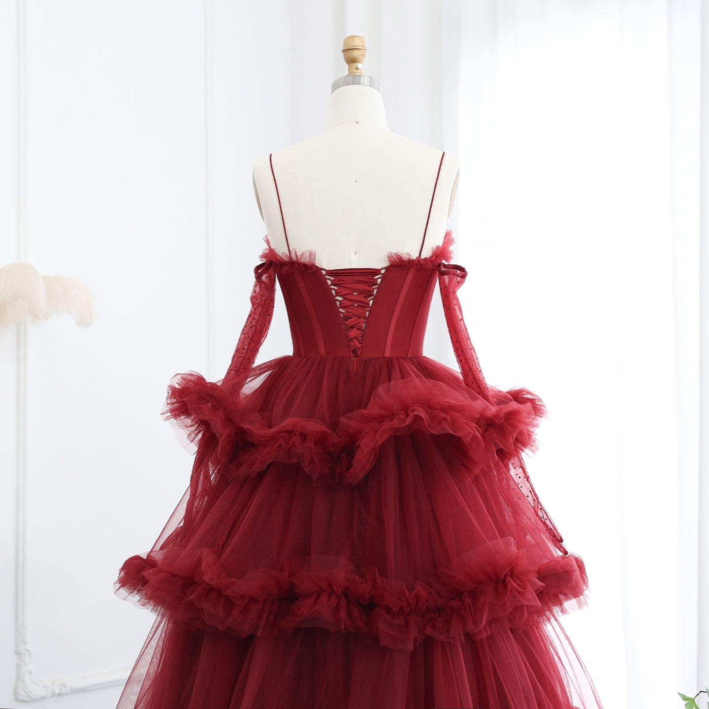 Burgundy Tulle Tiered Ruffles Evening Dresses with Gloves SS309