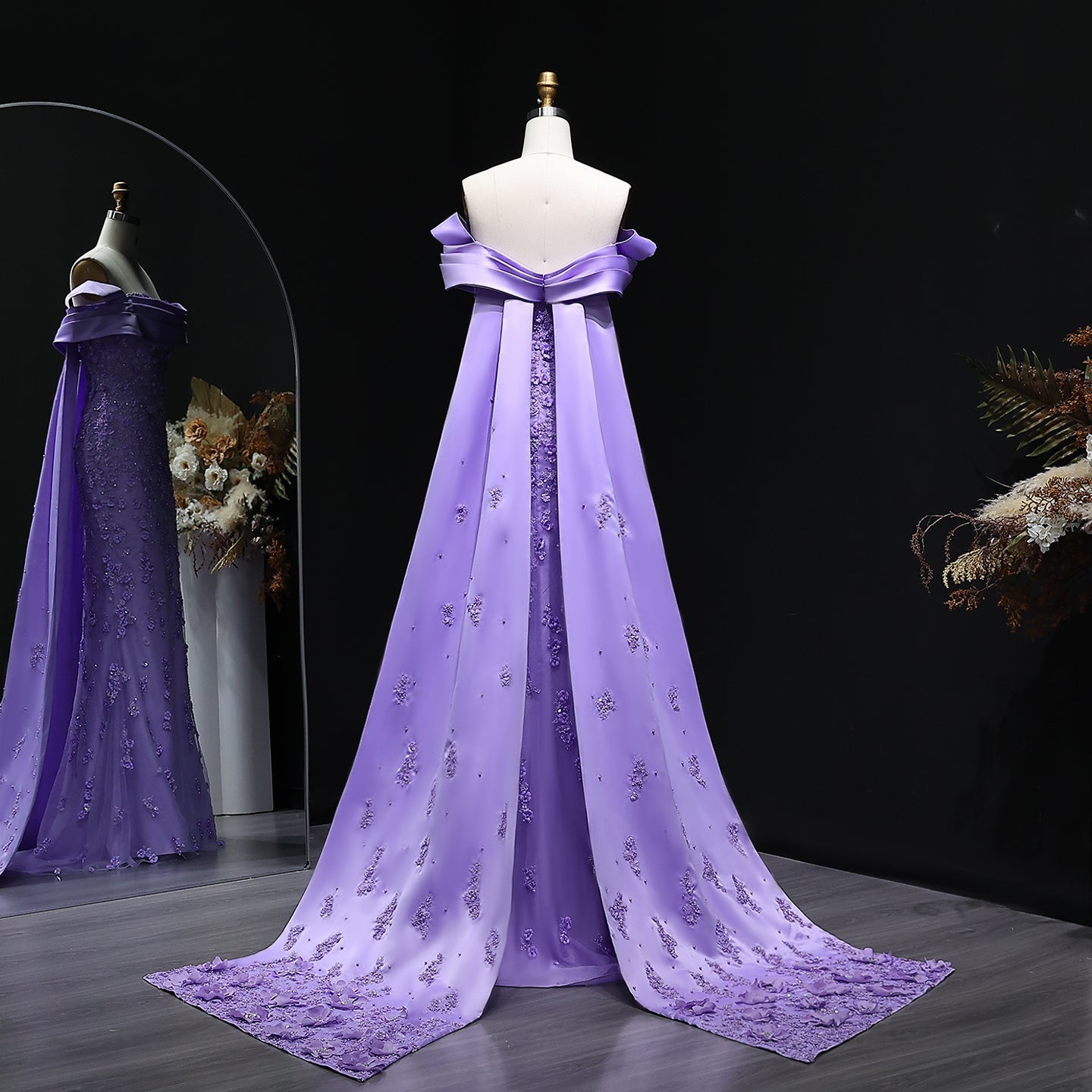 Elegant Crystal Lilac Mermaid Evening Dress with Overskirt SS555