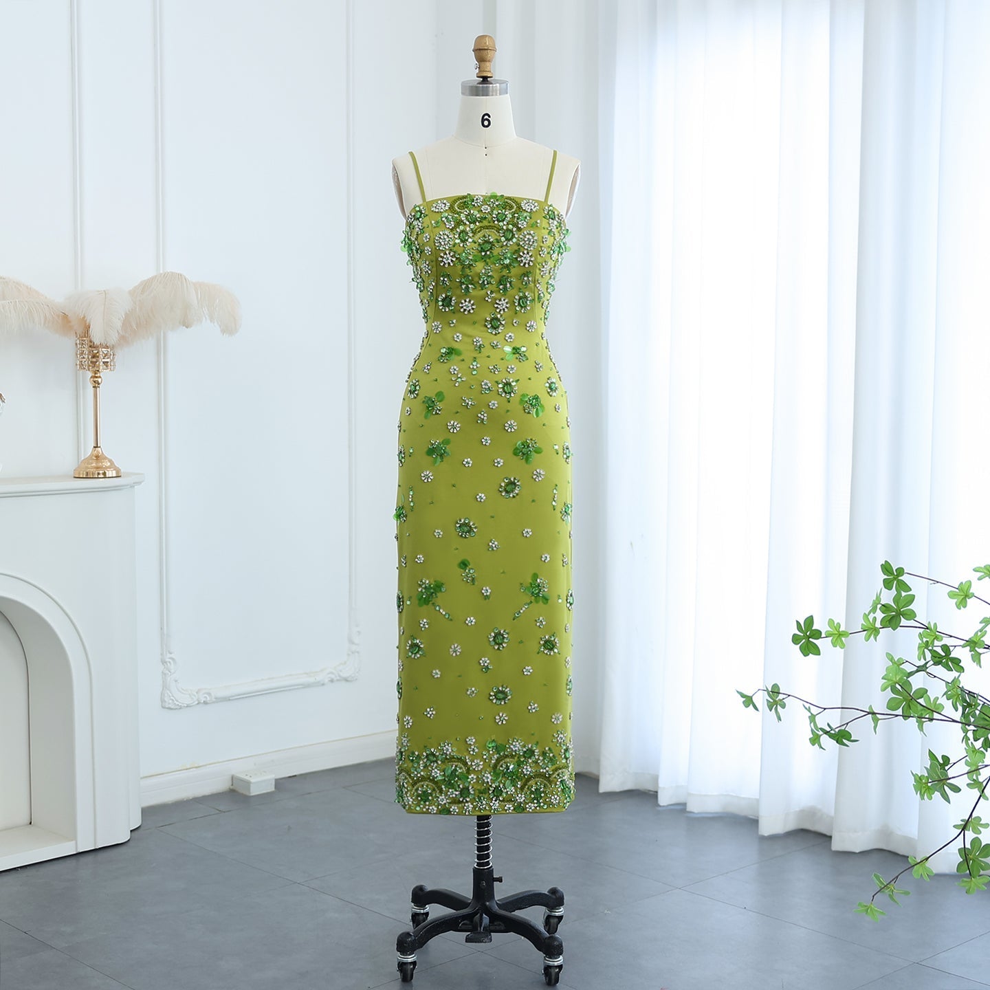 Luxury 3D Floral Beaded Short Green Spaghetti Evening Dress SS233  Green / US 16
