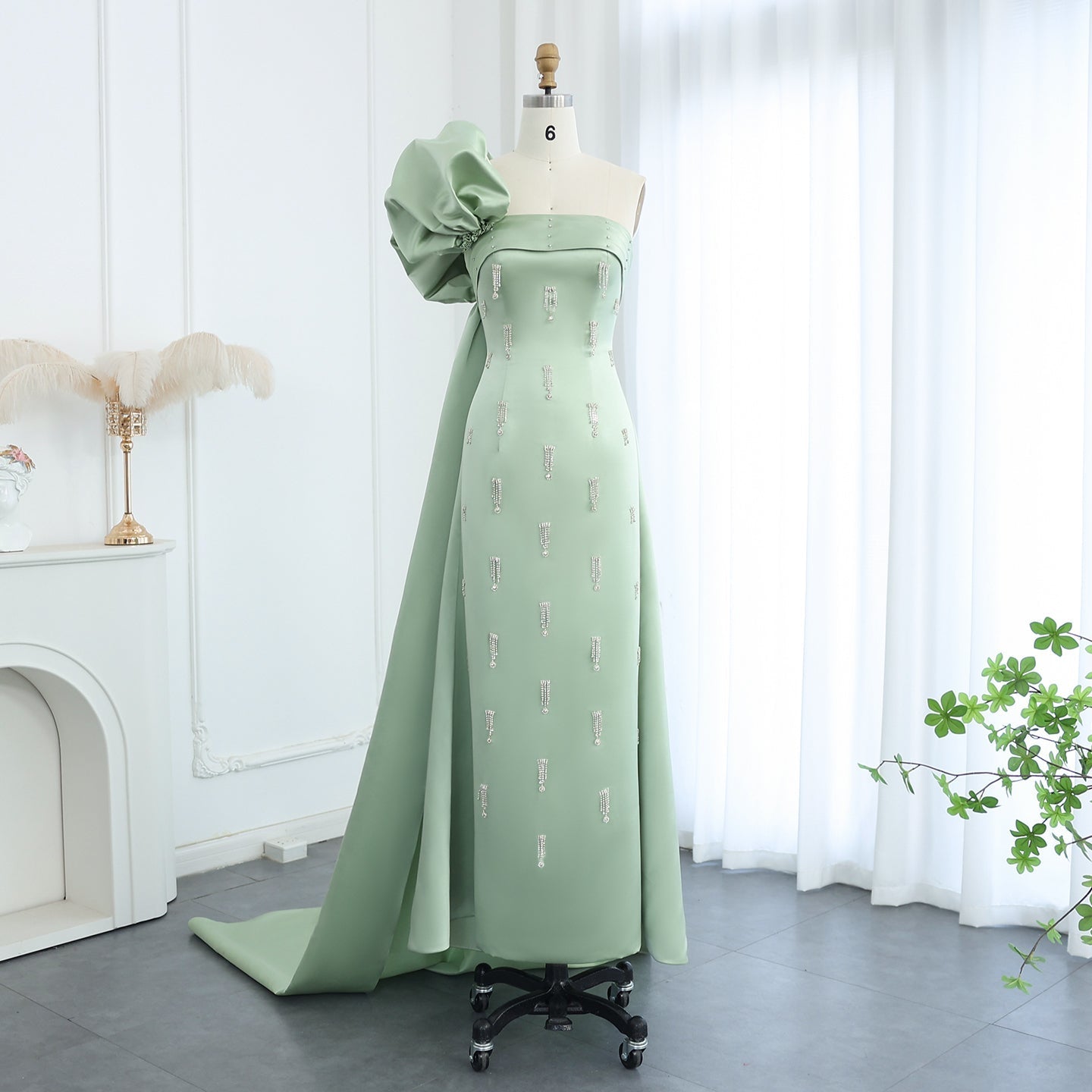 Sage Green One-Shoulder Tassel Evening Dress with Cape SS368  Sage Green / US 16