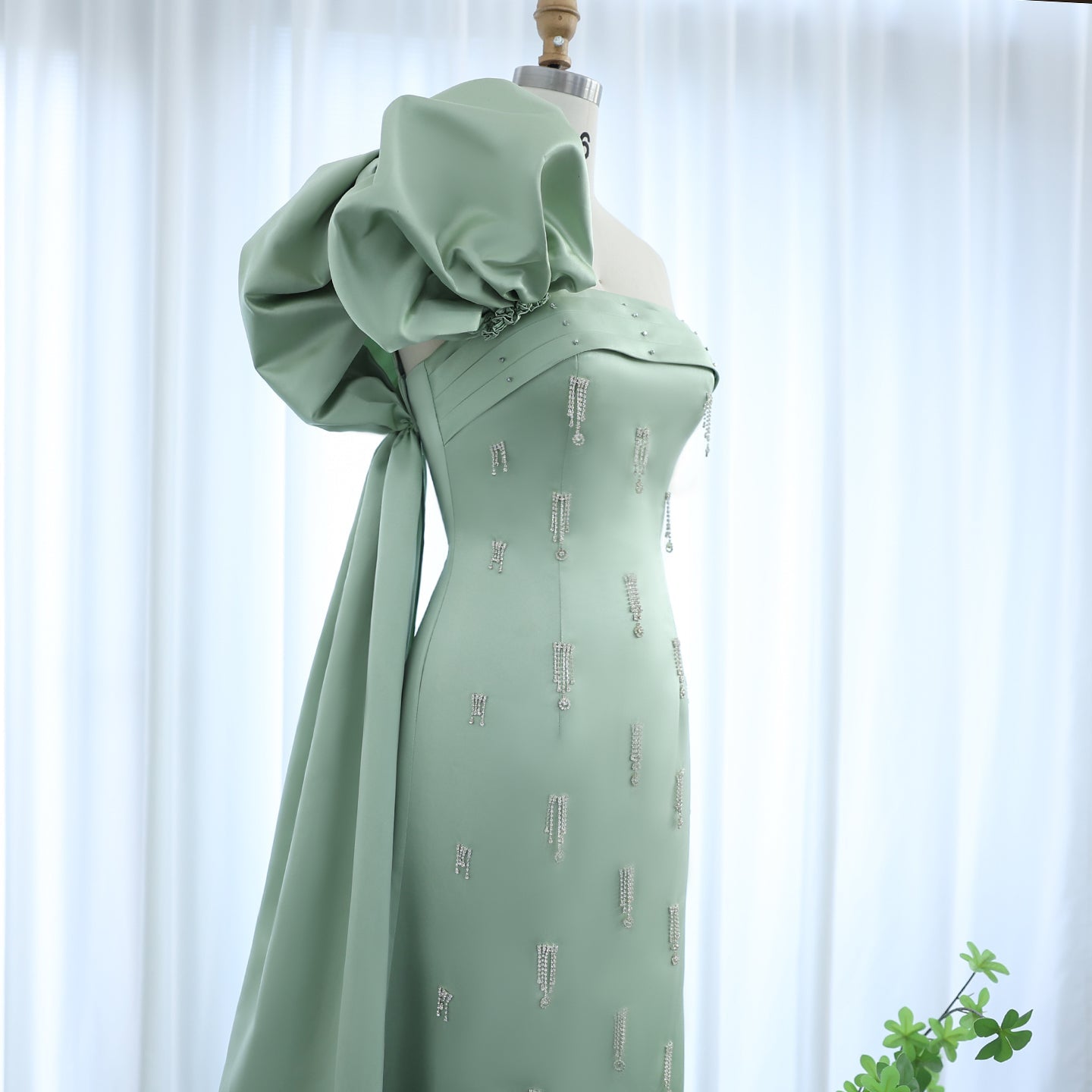 Sage Green One-Shoulder Tassel Evening Dress with Cape SS368