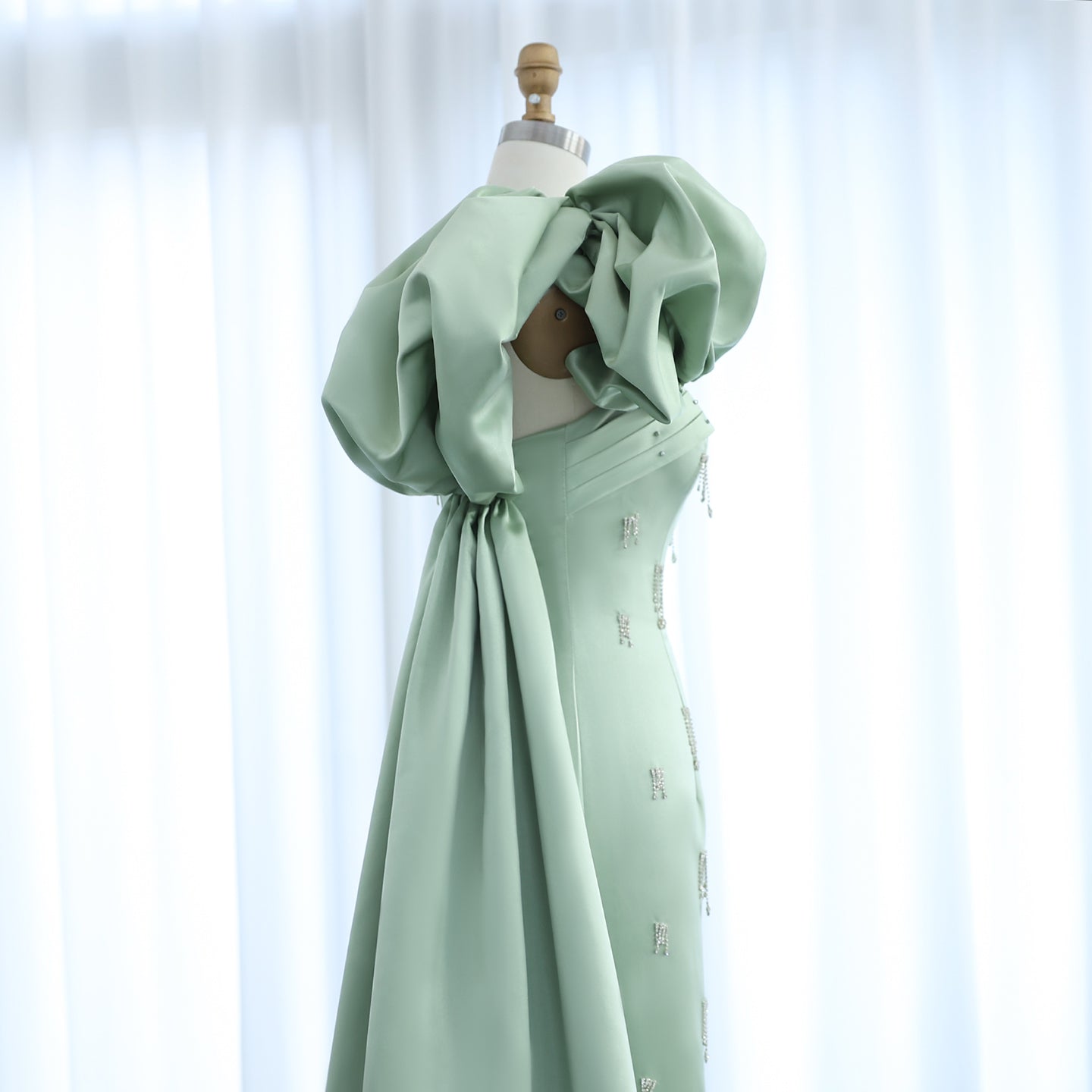 Sage Green One-Shoulder Tassel Evening Dress with Cape SS368