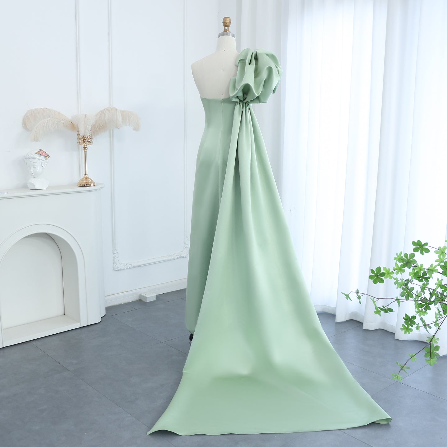 Sage Green One-Shoulder Tassel Evening Dress with Cape SS368