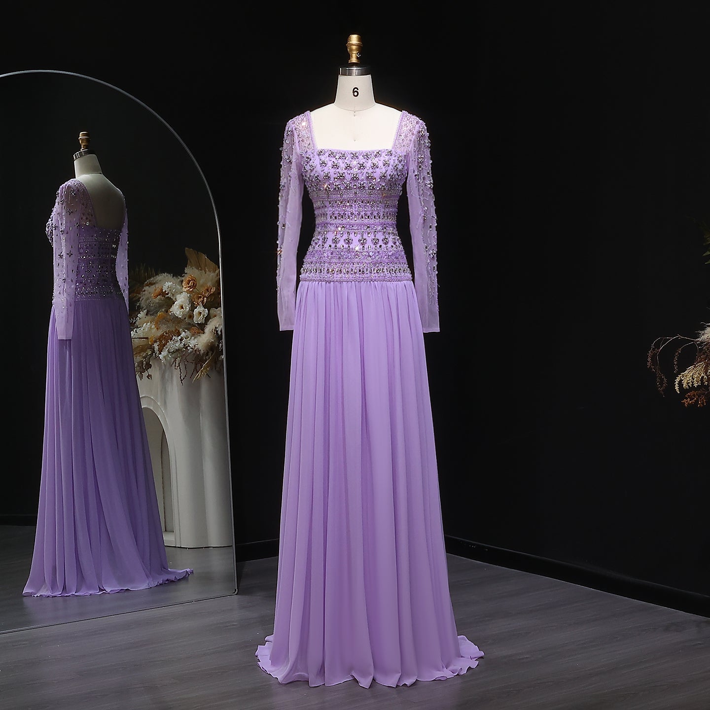 Strapless Lilac Beaded Bodice Evening Dress with Flowing Skirt SS539  Lilac Long Sleeve / US 18
