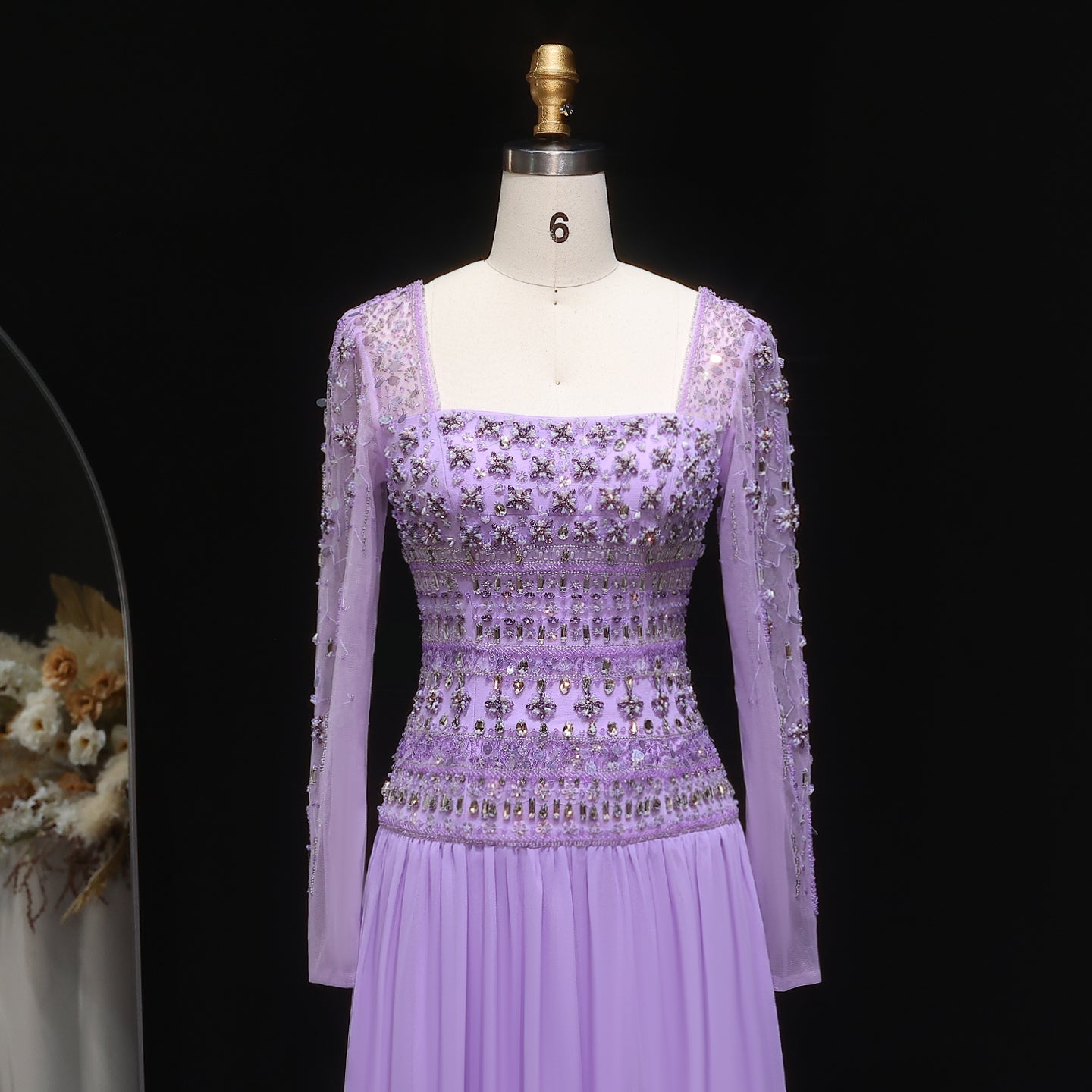 Strapless Lilac Beaded Bodice Evening Dress with Flowing Skirt SS539