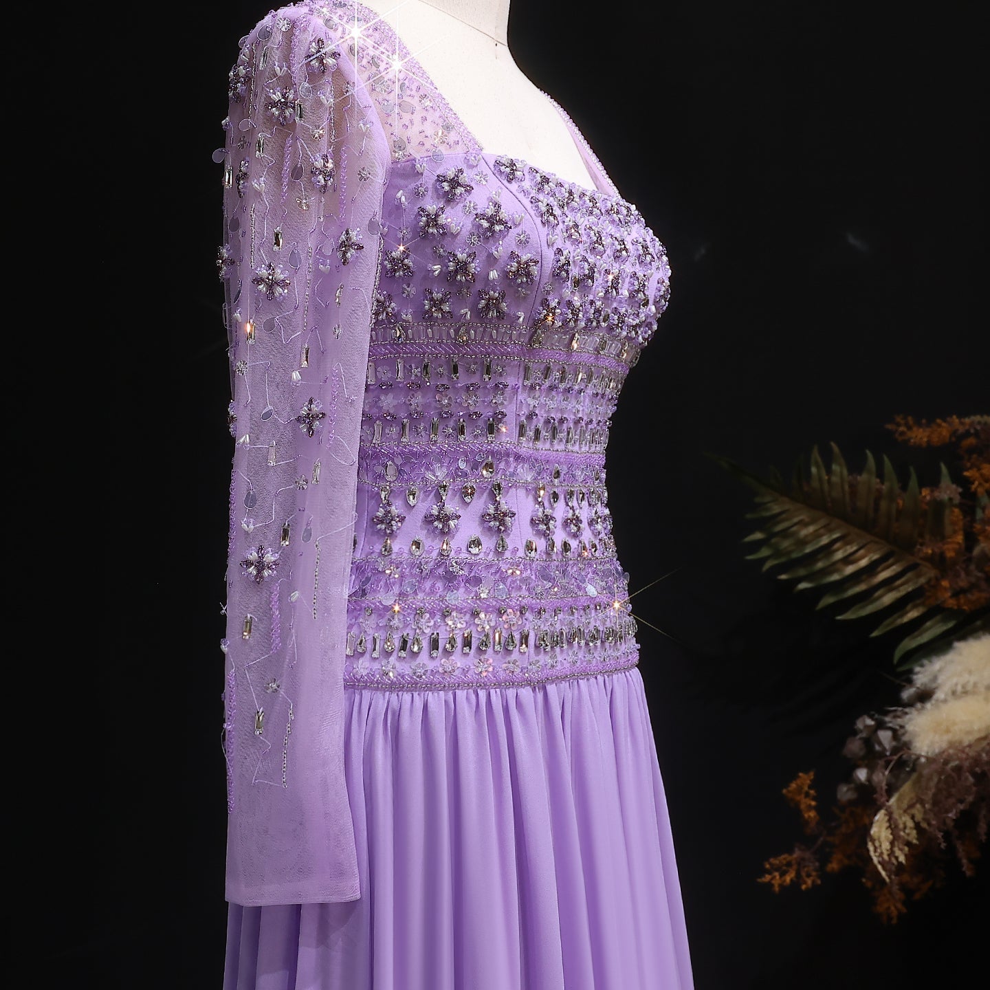 Strapless Lilac Beaded Bodice Evening Dress with Flowing Skirt SS539