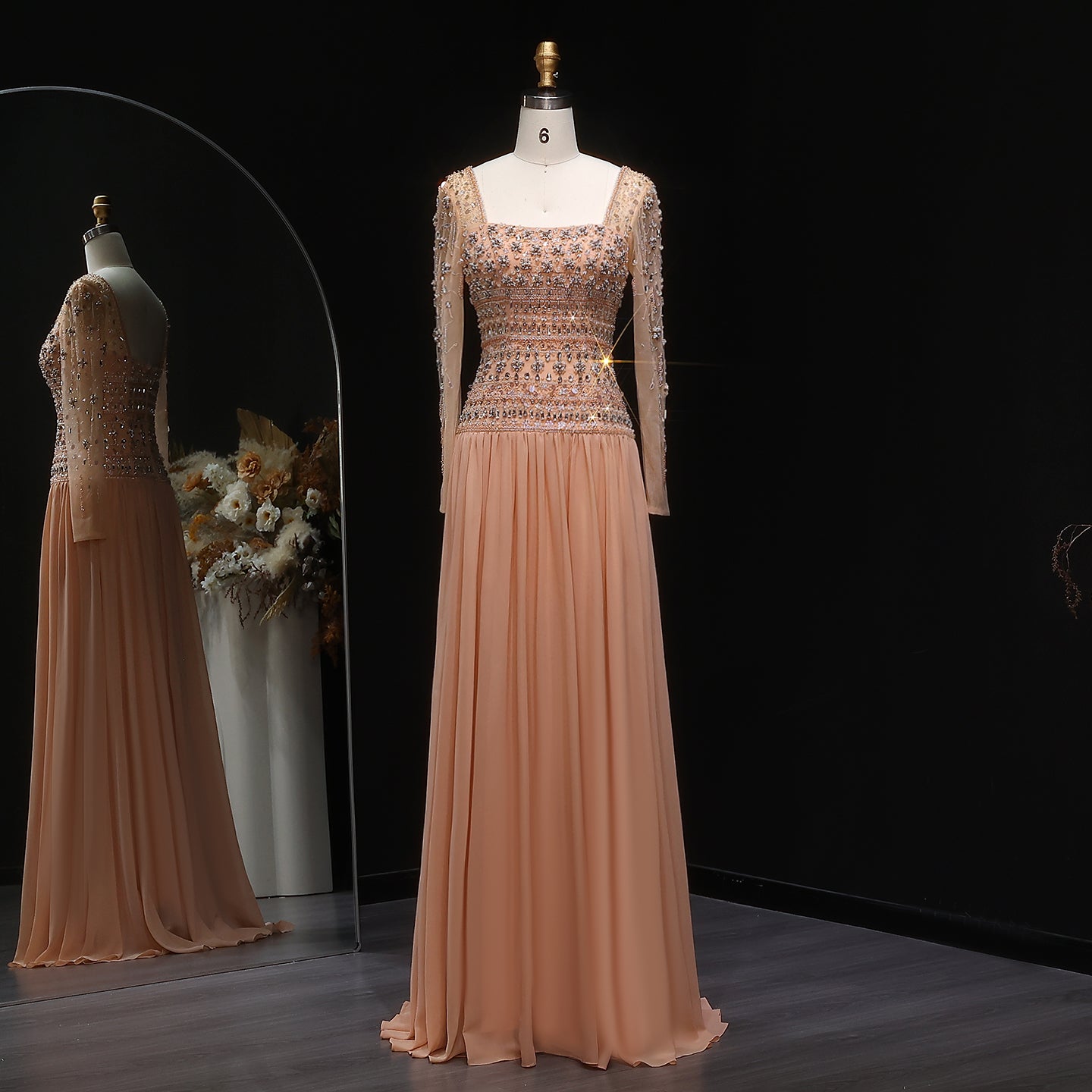 Strapless Lilac Beaded Bodice Evening Dress with Flowing Skirt SS539  Pink Long Sleeve / US 18