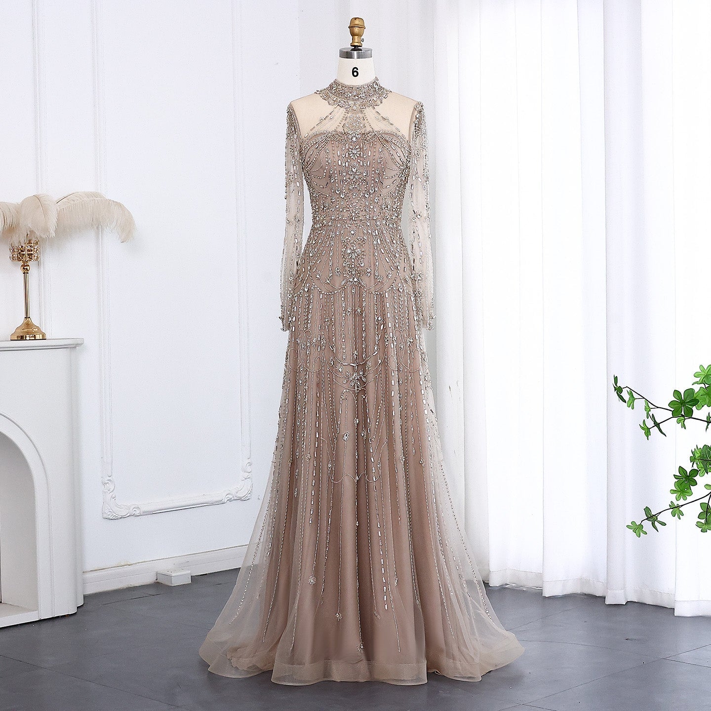 Luxury Blue Long Sleeves High Neck Evening Dress SS587  Champagne / US 16