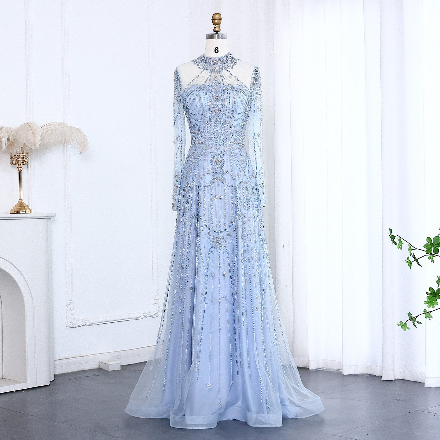 Luxury Blue Long Sleeves High Neck Evening Dress SS587  Blue / US 16