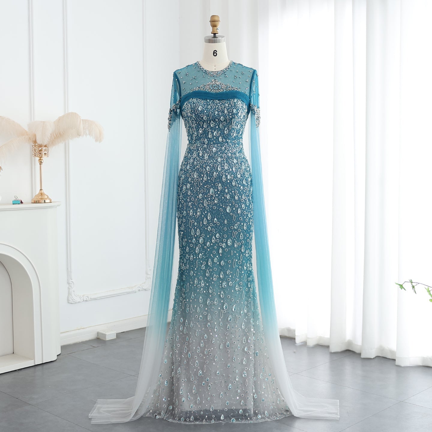 Luxury Turquoise Crystal Evening Dresses with Cape Sleeves SS666  Turquoise / US 18