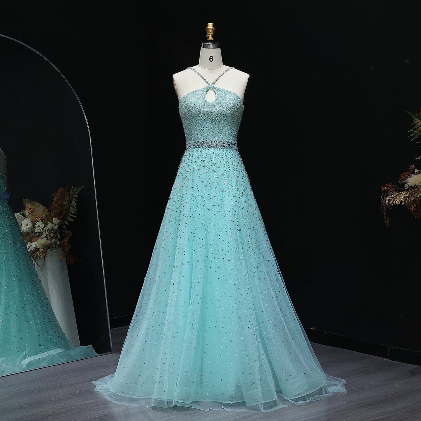 Sparkly Crystal Pink Criss-Cross Pink Evening Dress SS580  Turquoise / US 16