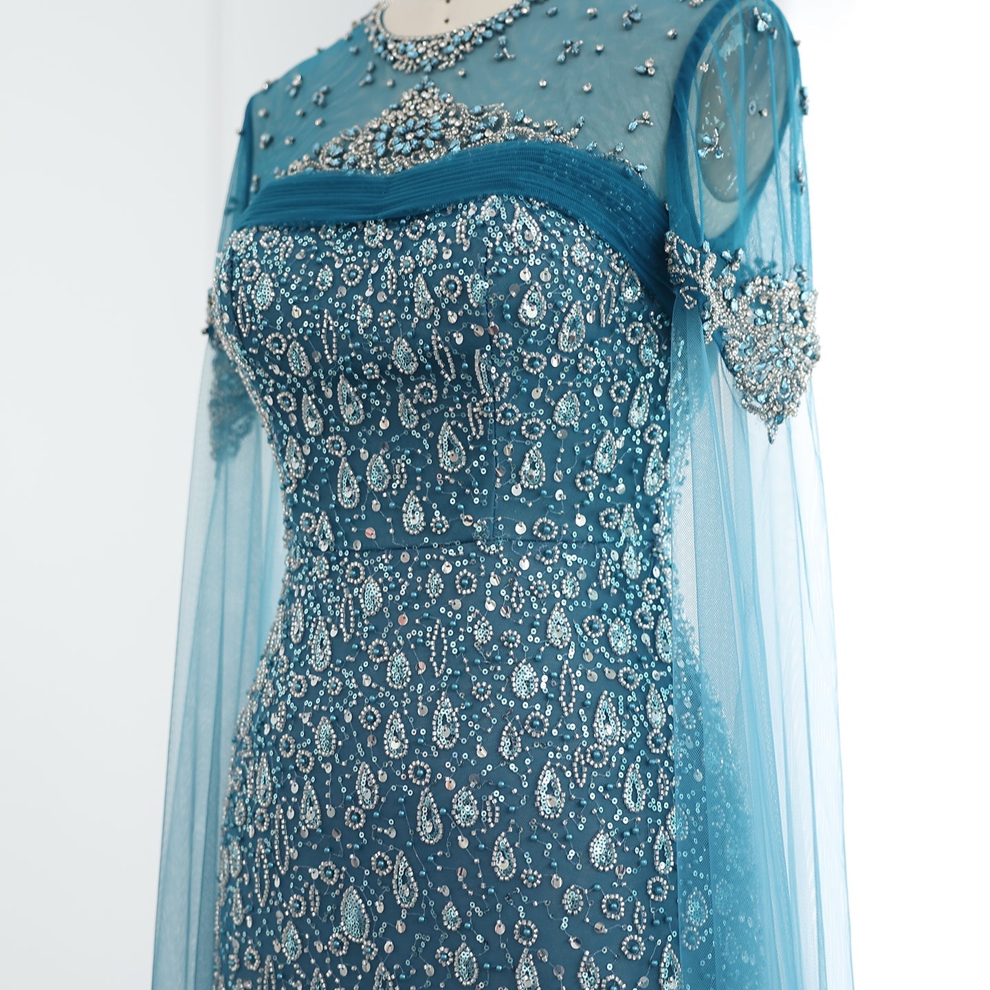 Luxury Turquoise Crystal Evening Dresses with Cape Sleeves SS666