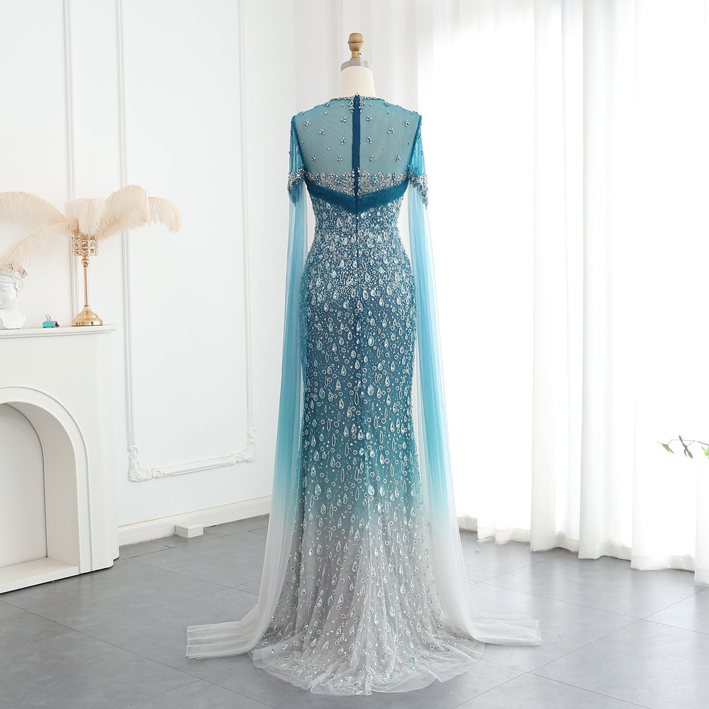 Luxury Turquoise Crystal Evening Dresses with Cape Sleeves SS666