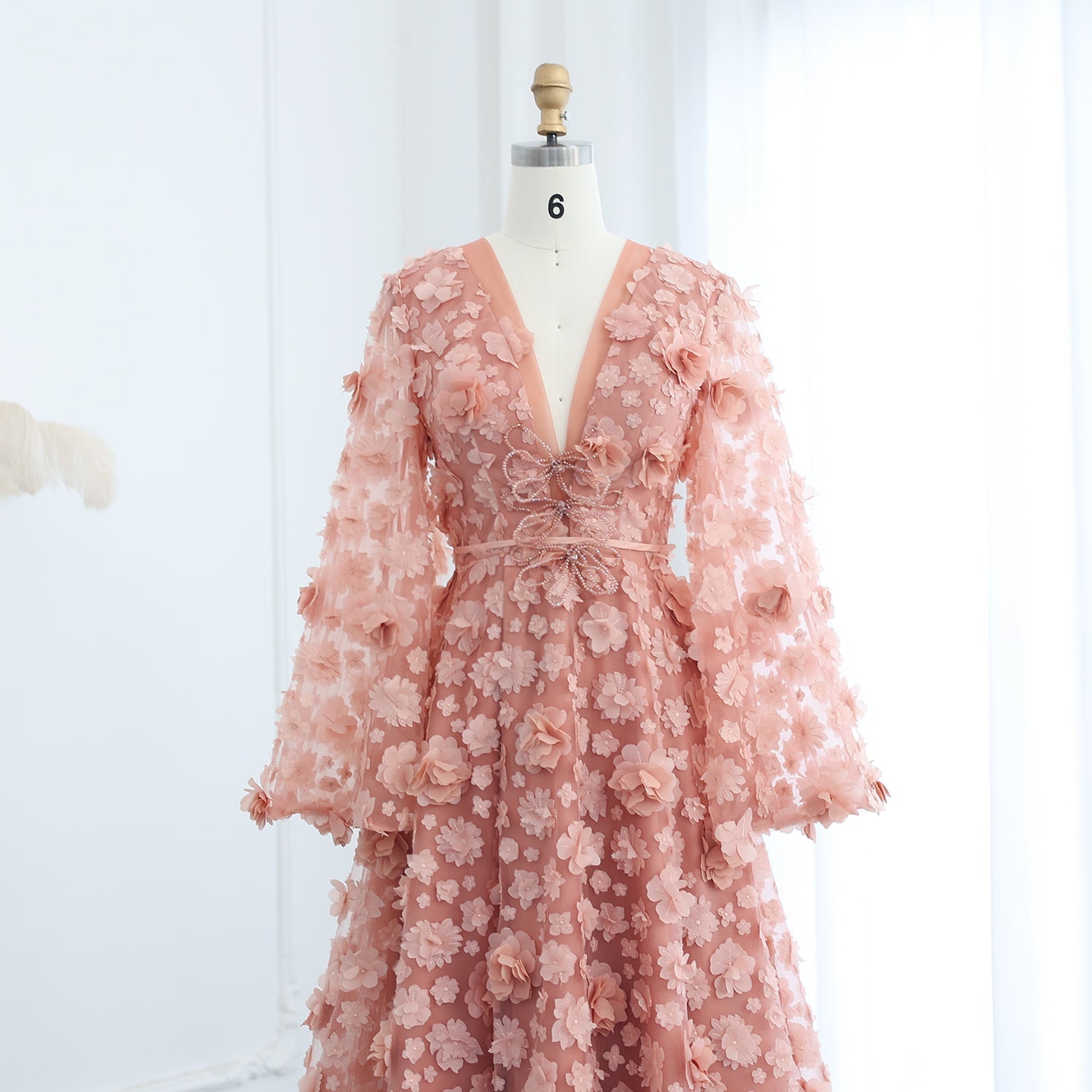 Arabic Peach-Pink 3D Flowers Long Sleeves Evening Dresses SS295