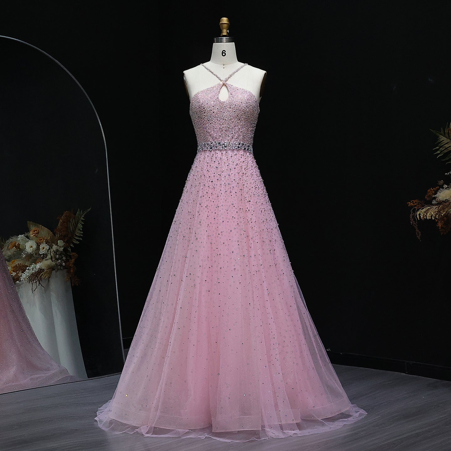 Sparkly Crystal Pink Criss-Cross Pink Evening Dress SS580  Pink / US 16