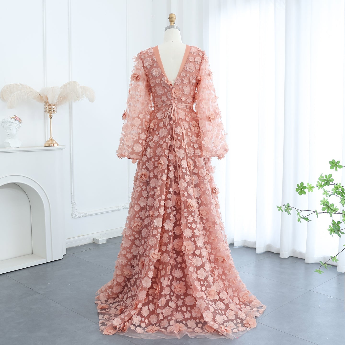 Arabic Peach-Pink 3D Flowers Long Sleeves Evening Dresses SS295