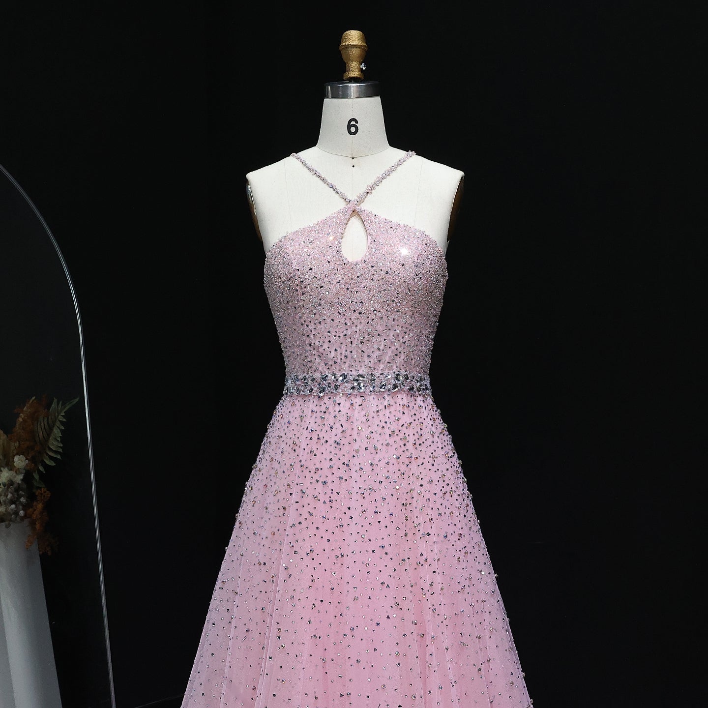 Sparkly Crystal Pink Criss-Cross Pink Evening Dress SS580