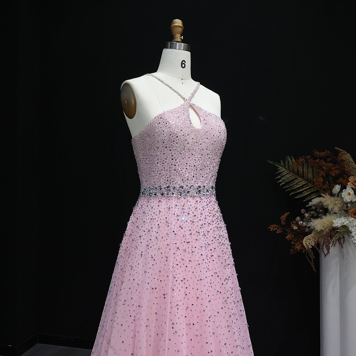 Sparkly Crystal Pink Criss-Cross Pink Evening Dress SS580
