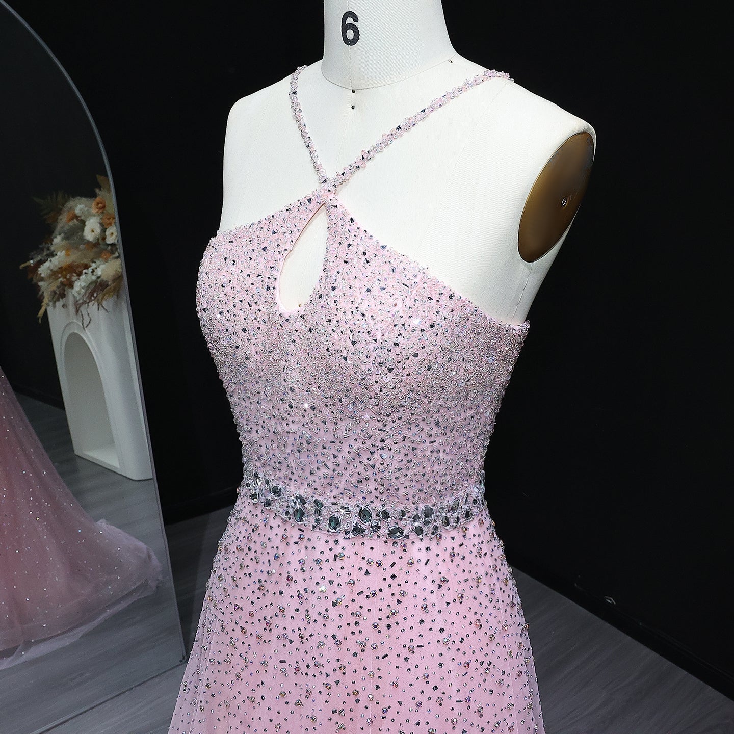 Sparkly Crystal Pink Criss-Cross Pink Evening Dress SS580