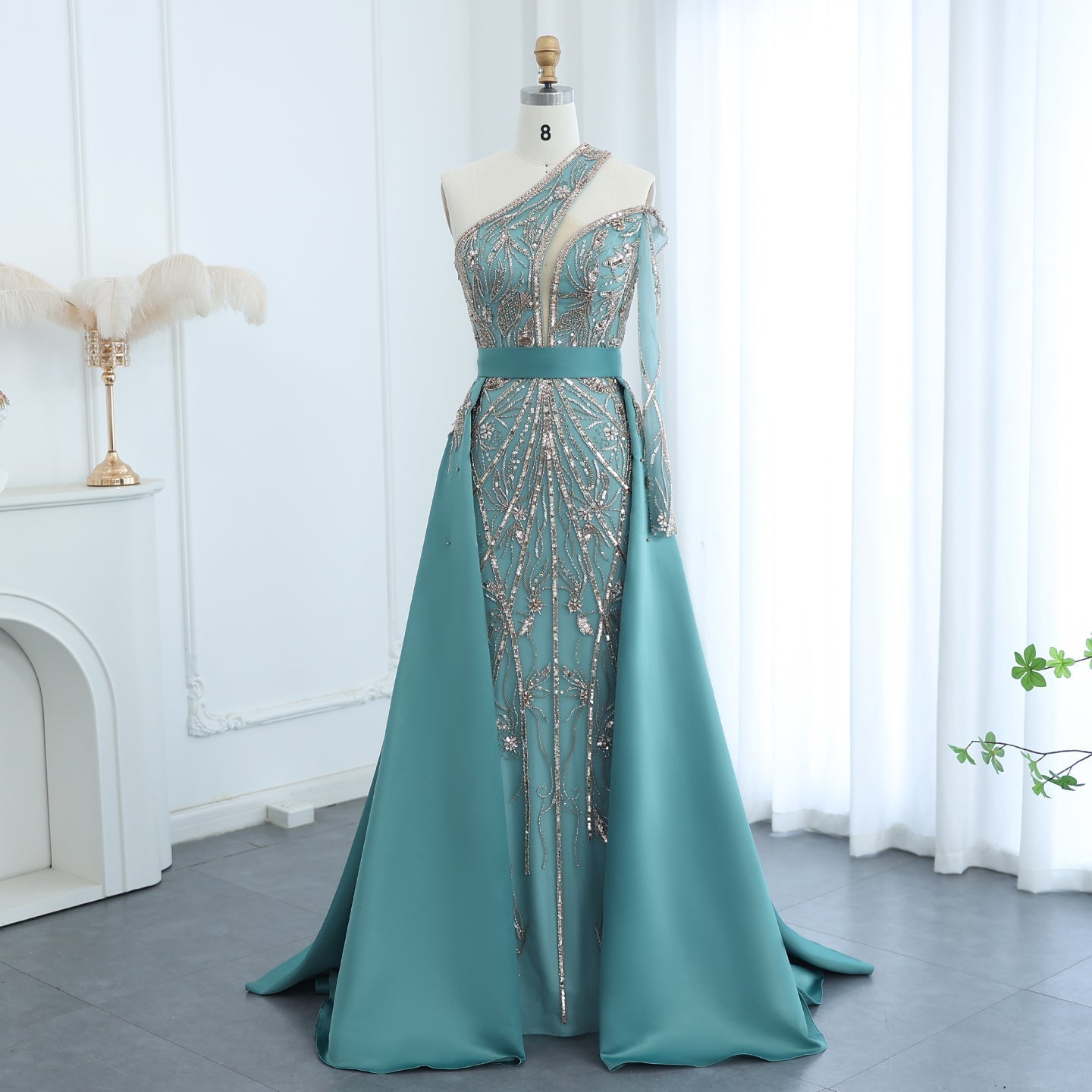 Luxury Turquoise One-Shoulder Evening Dress with Overskirt SS307