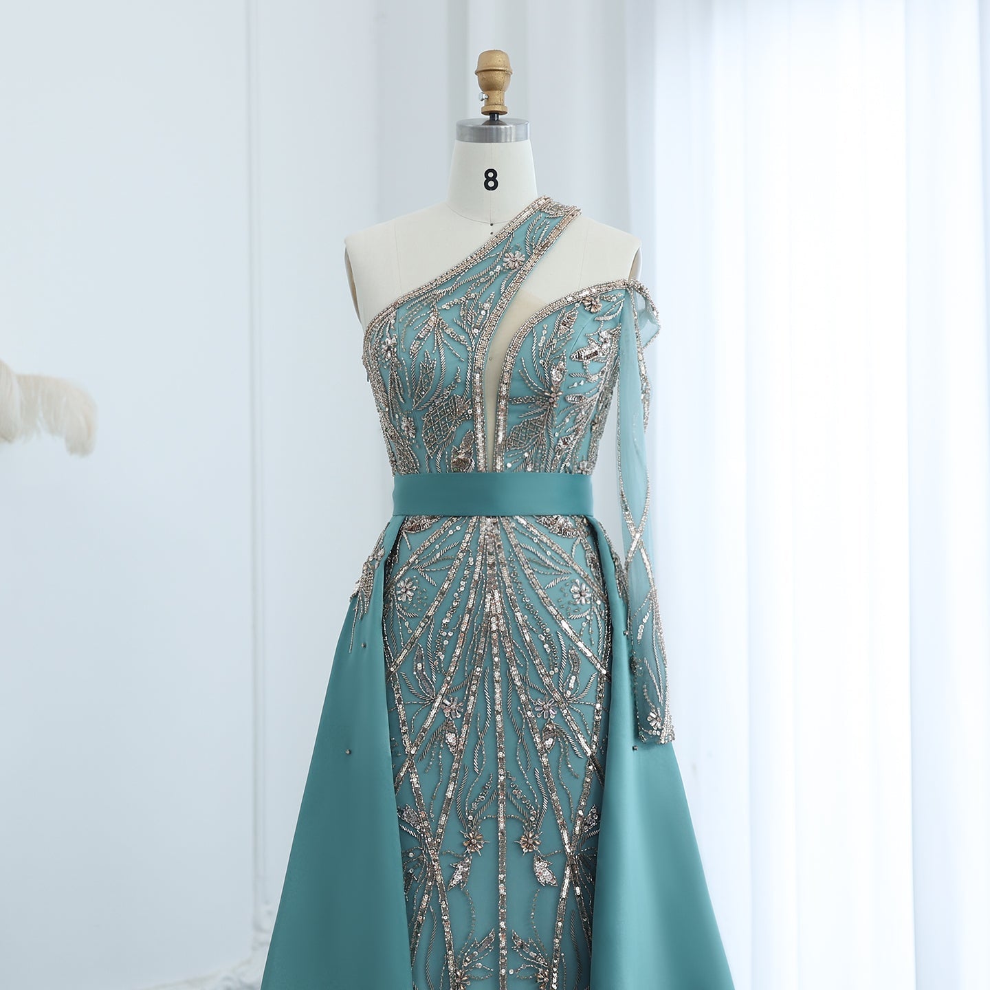 Luxury Turquoise One-Shoulder Evening Dress with Overskirt SS307