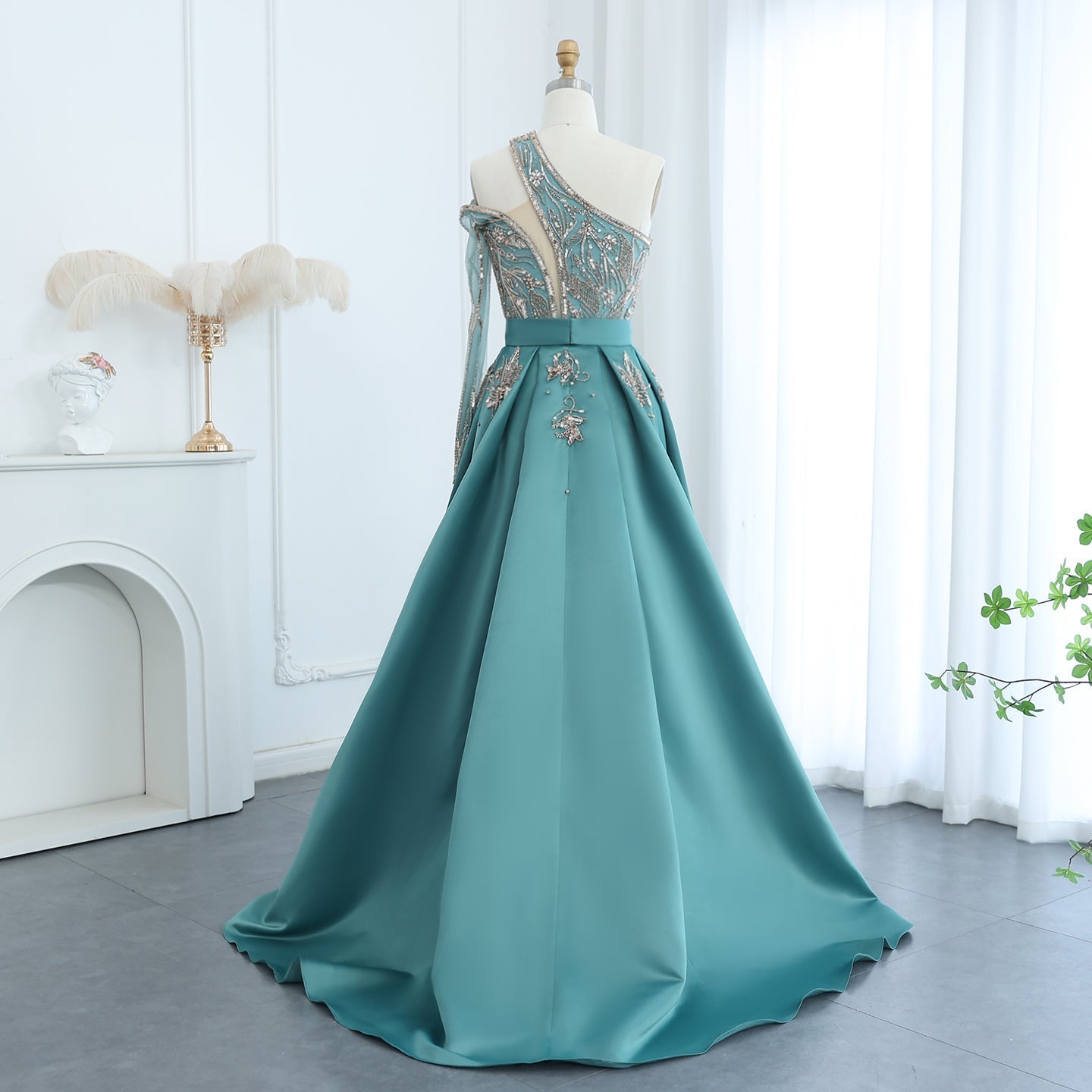 Luxury Turquoise One-Shoulder Evening Dress with Overskirt SS307