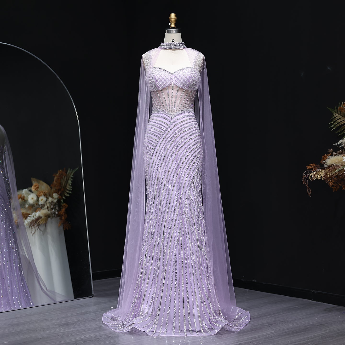 Glamorous Crystal Lilac Evening Dress with Cape  SS070  Lilac / US 16