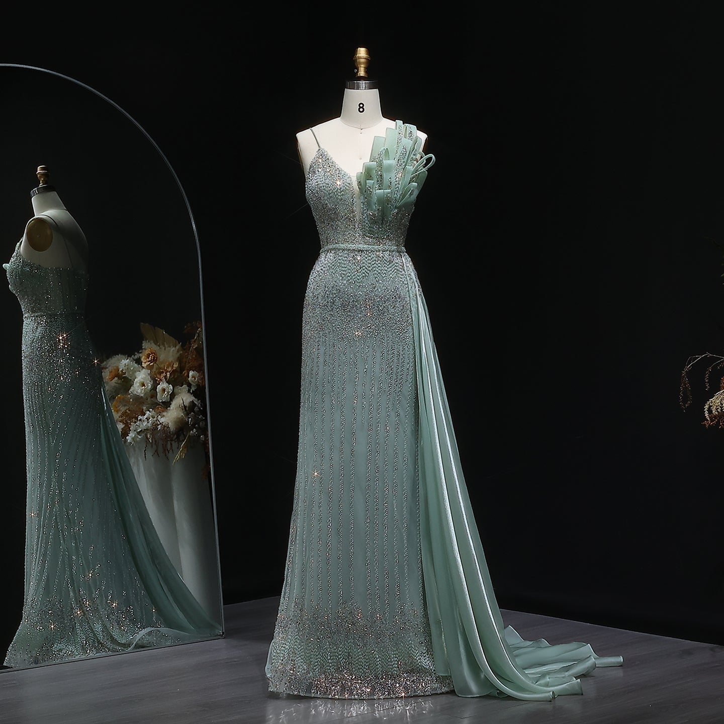 Luxury Beige Beaded Mermaid Evening Dress with Overskirt SS094  Sage Green / US 20