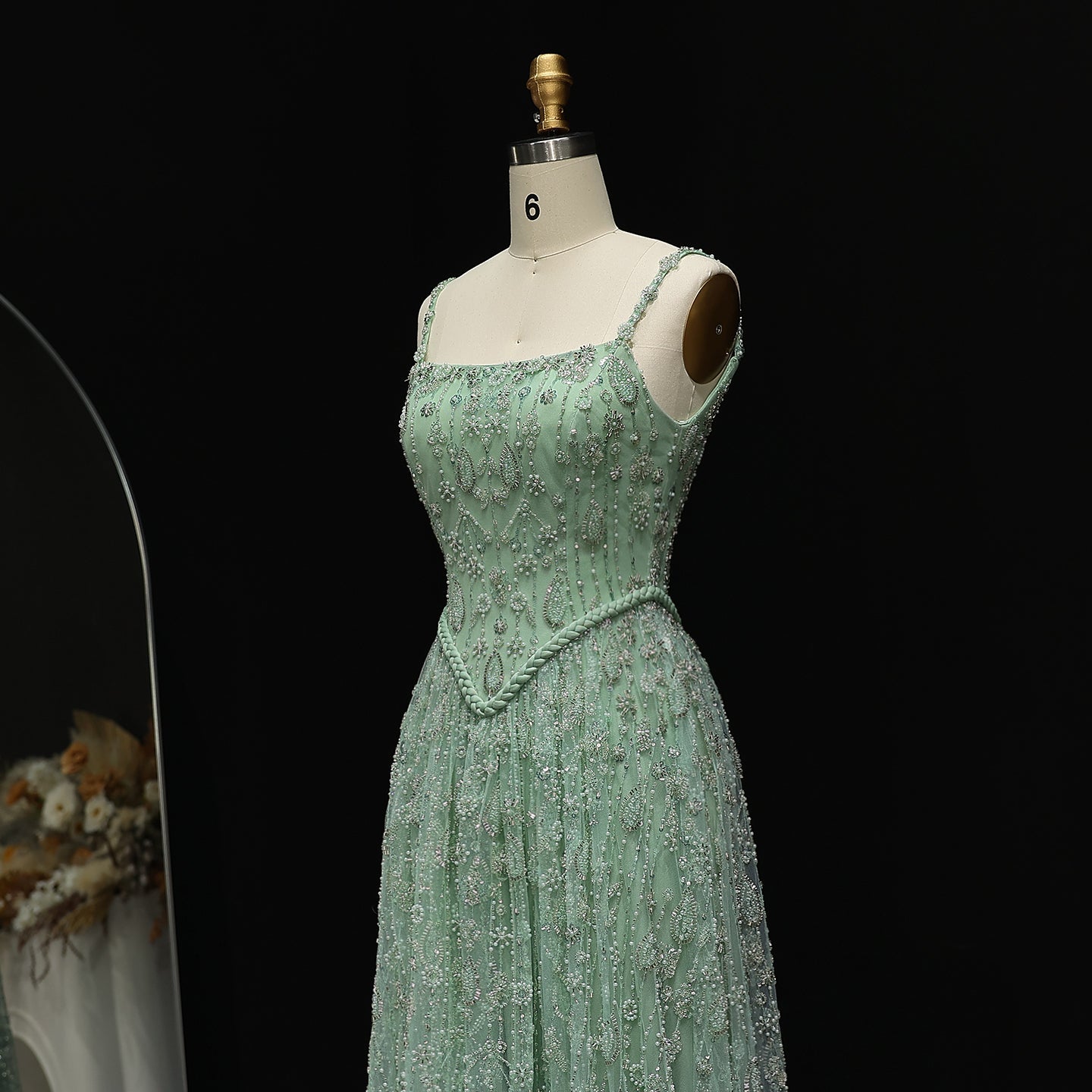 Luxury Sage Green Spaghetti A-Line Evening Dress SS693