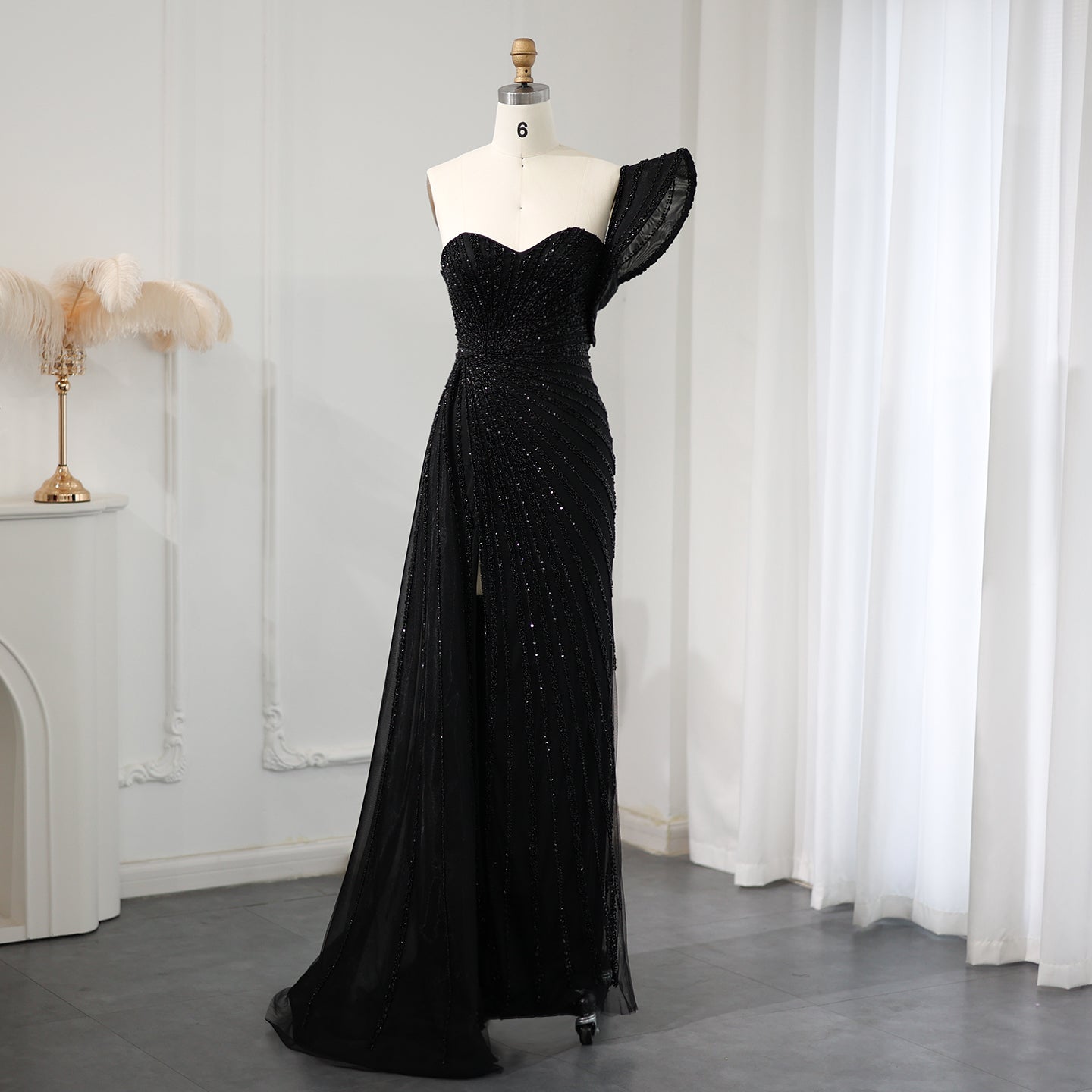 Emerald Green One Shoulder Slit Evening Dress with Overskirt SS201  Black / US 16