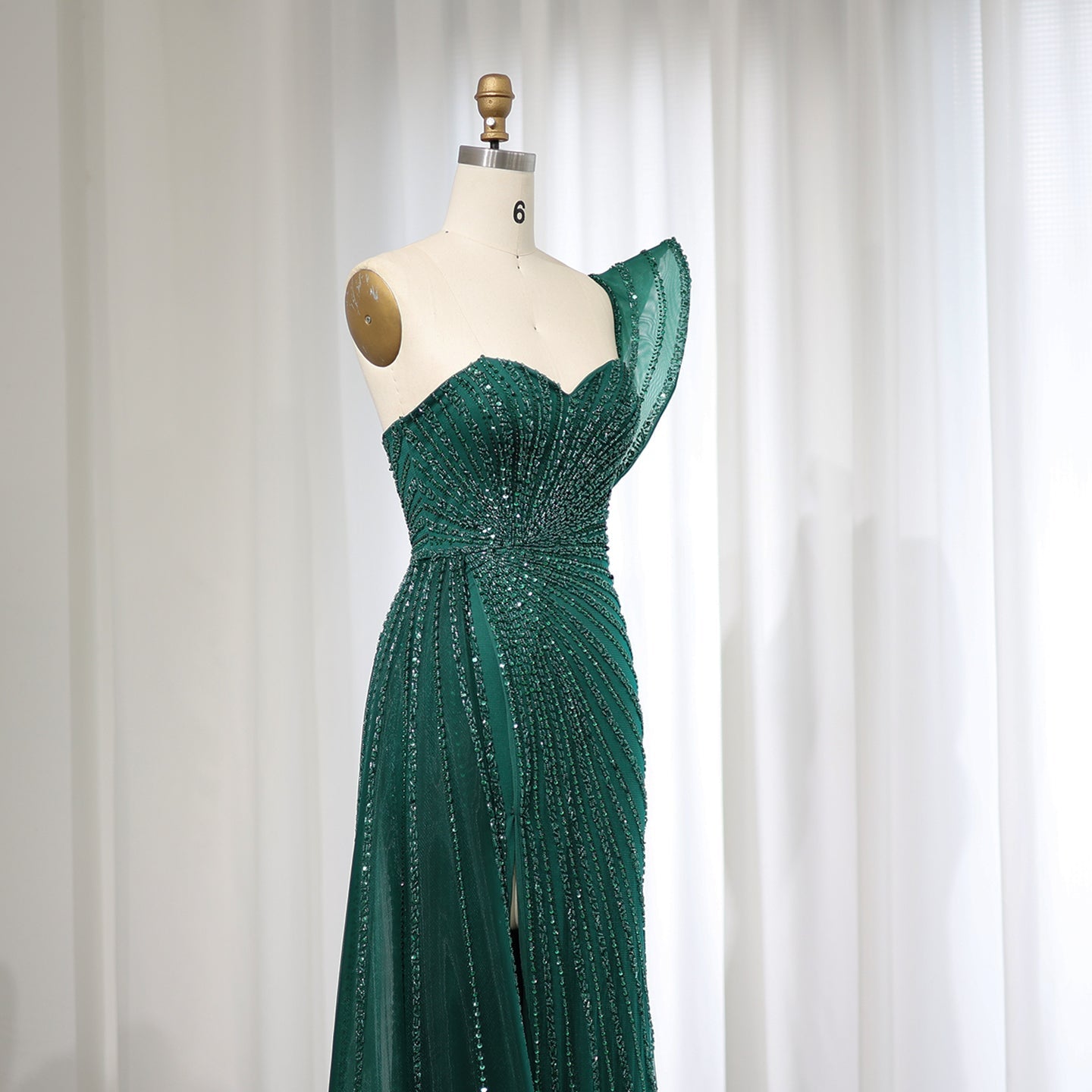 Emerald Green One Shoulder Slit Evening Dress with Overskirt SS201