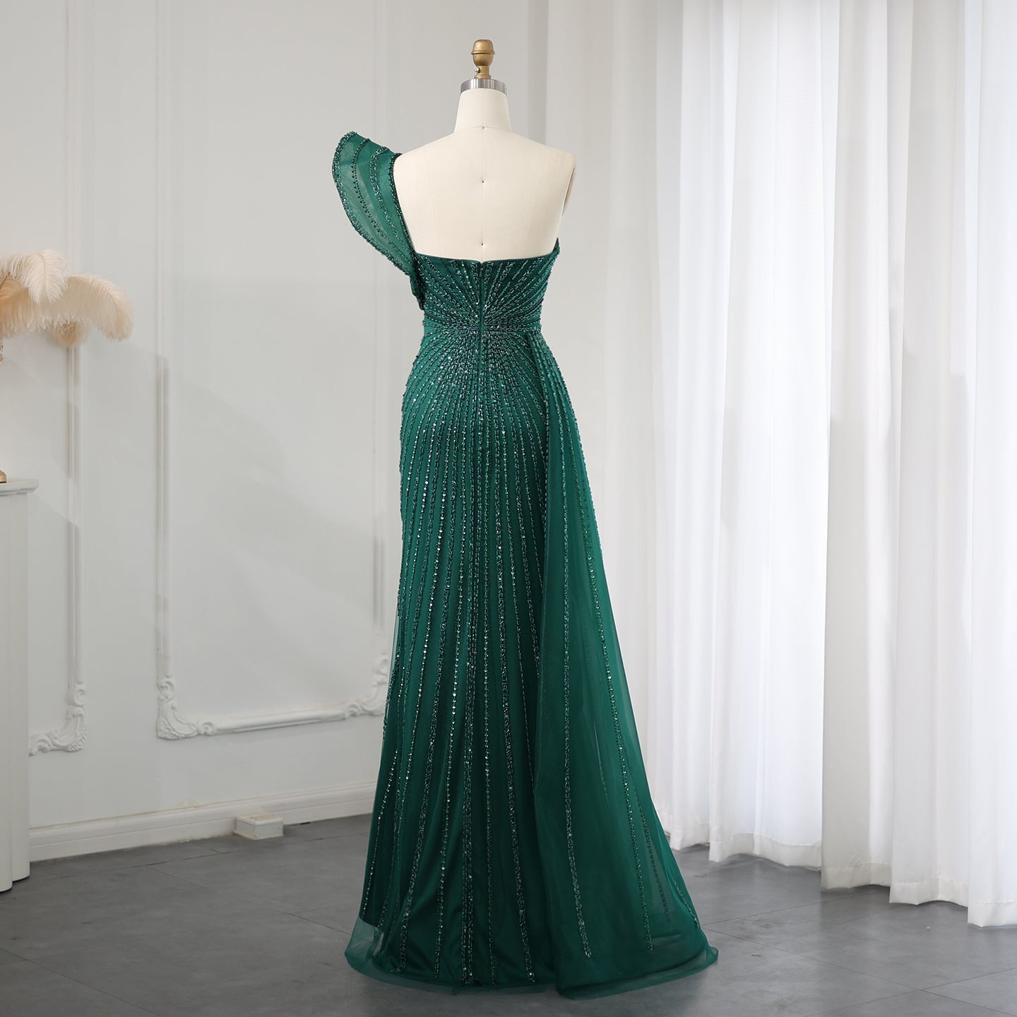 Emerald Green One Shoulder Slit Evening Dress with Overskirt SS201