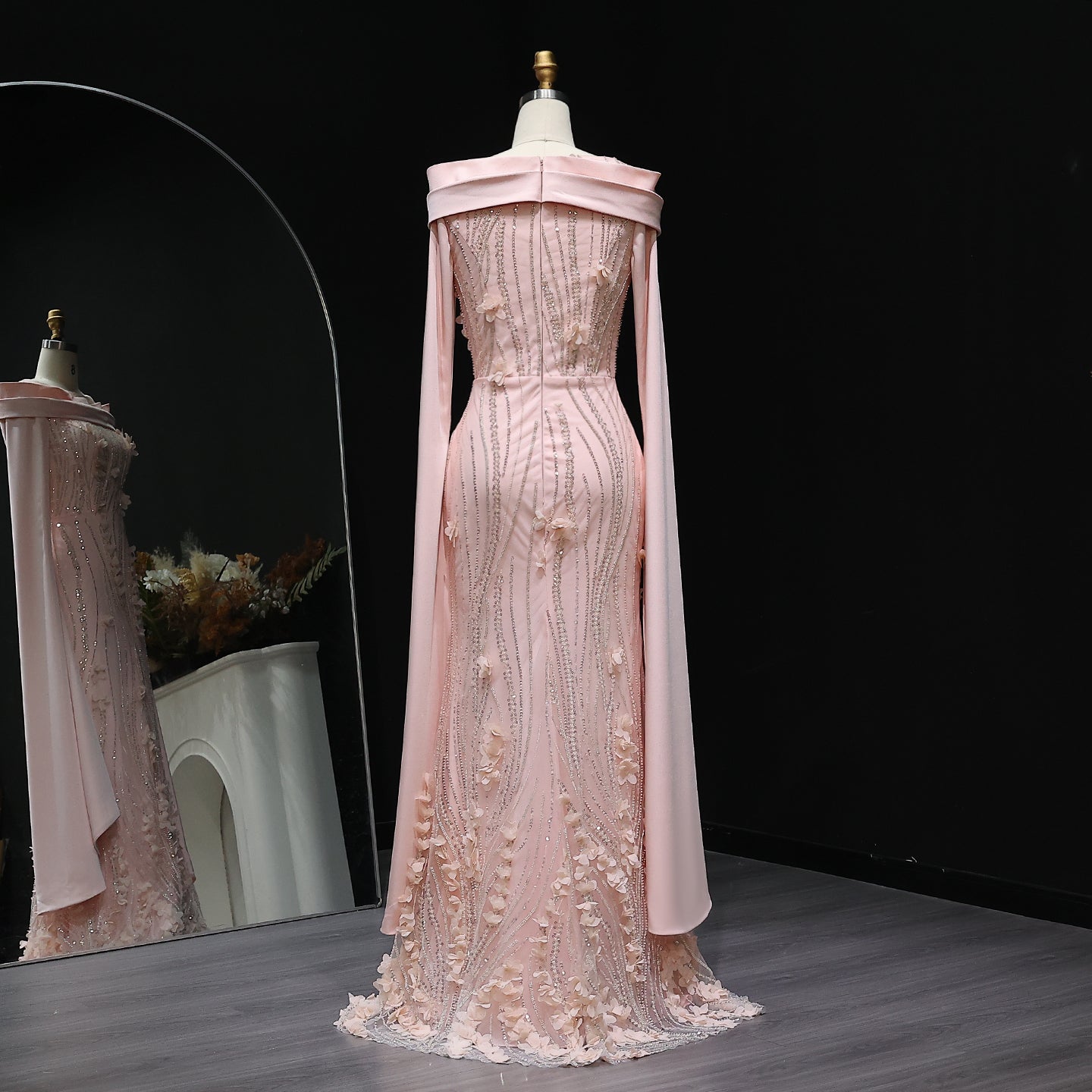 Romantic 3D Floral Evening Dress with Cape Sleeves SS272