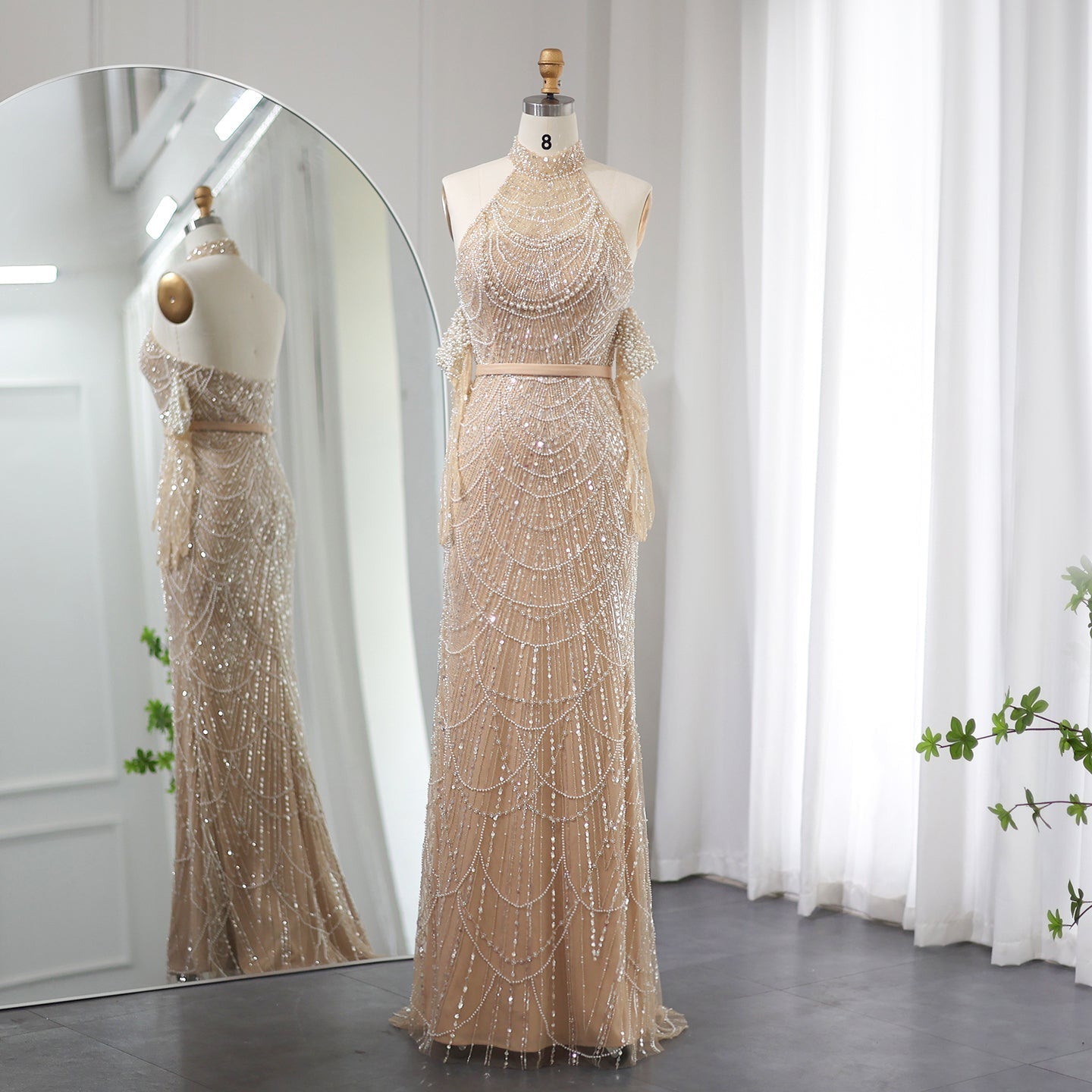 Luxury Nude Halter Mermaid Evening Dress with Gloves SS689  Champage / US 16