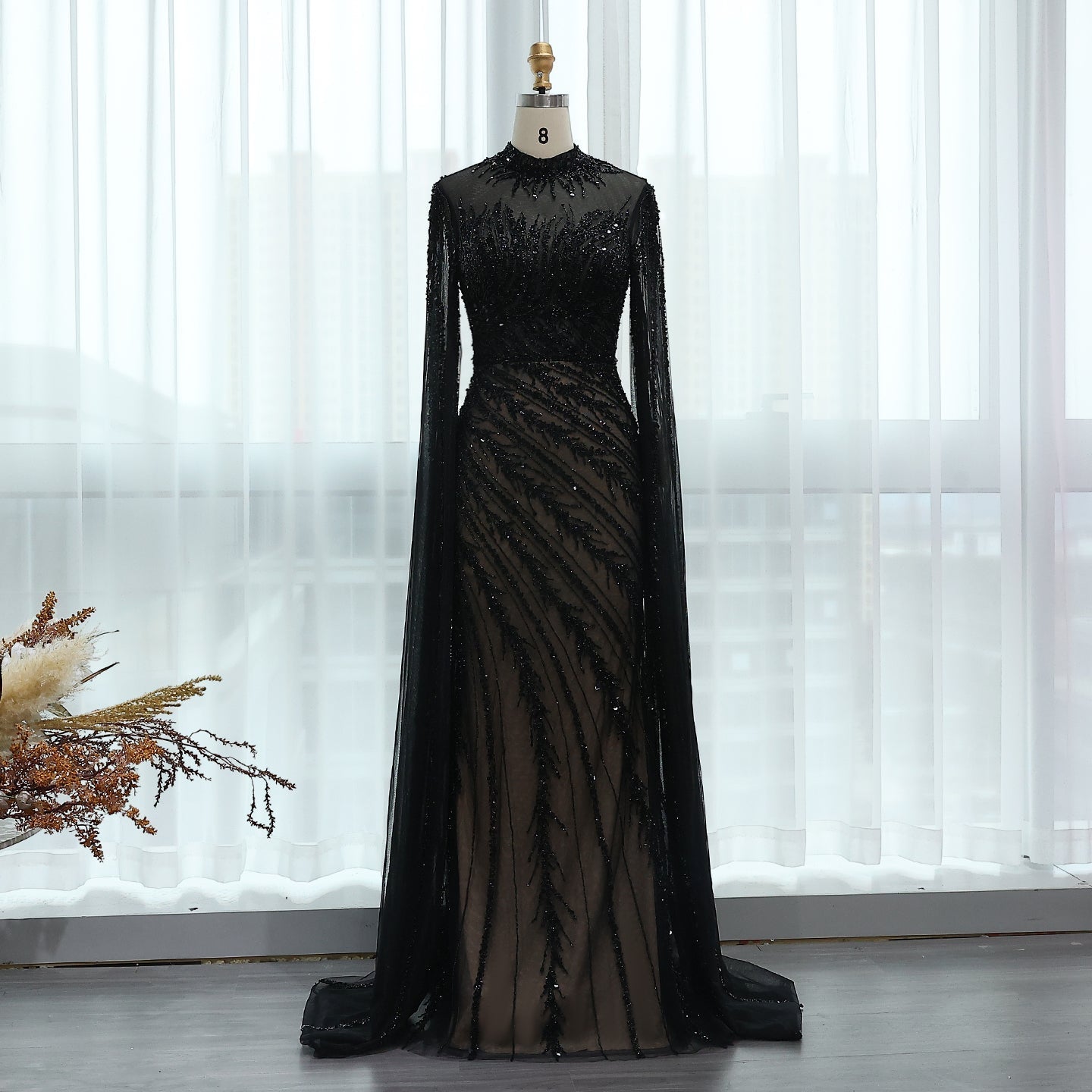 Luxury Black High Neck Evening Dress with Cape Sleeves SS162  Black / US 18