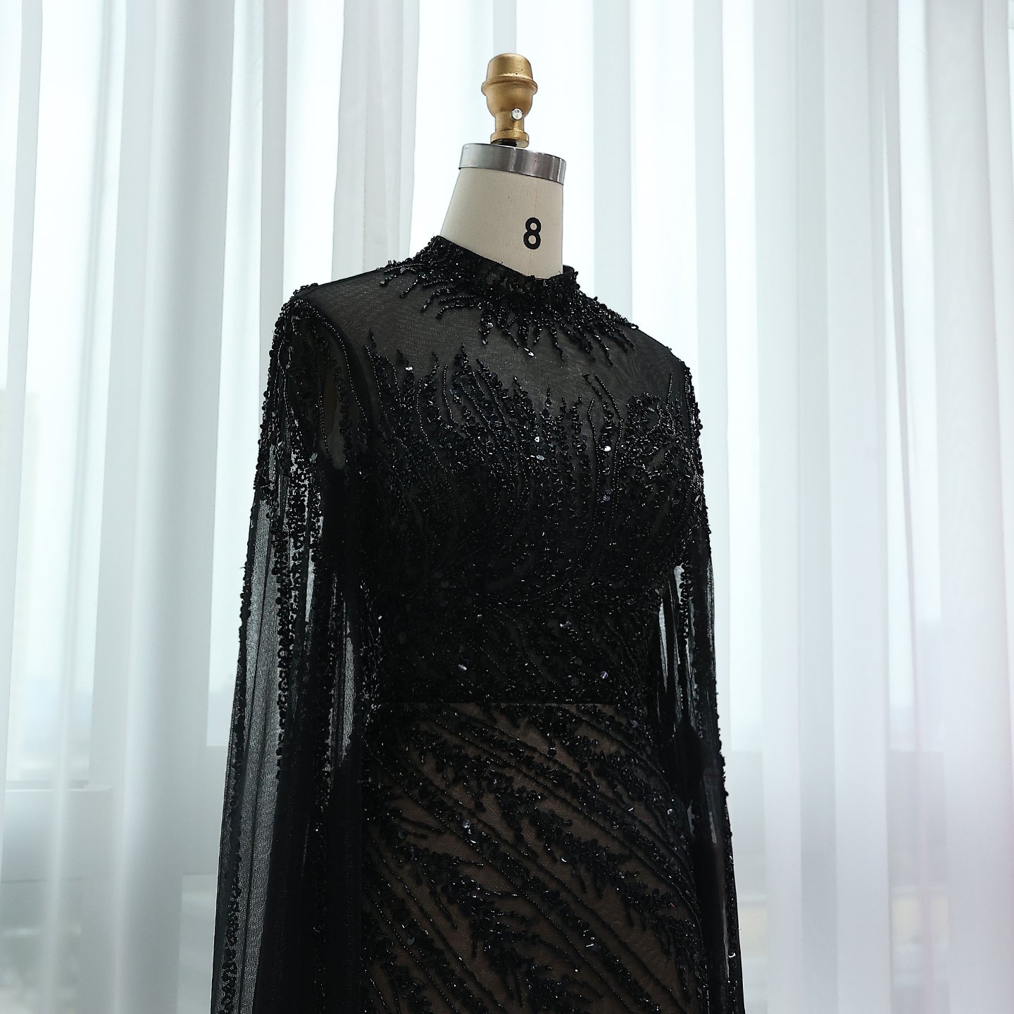 Luxury Black High Neck Evening Dress with Cape Sleeves SS162