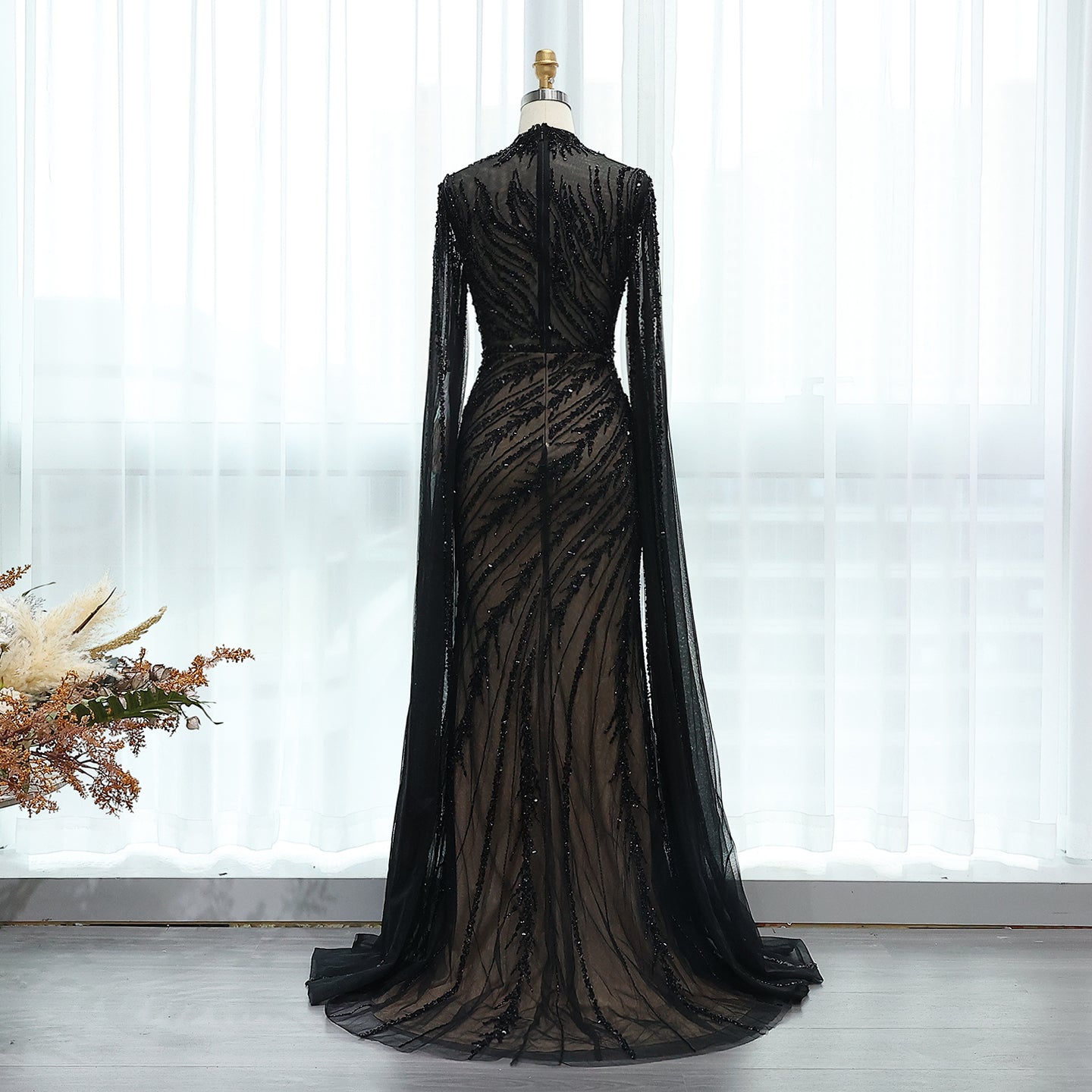 Luxury Black High Neck Evening Dress with Cape Sleeves SS162