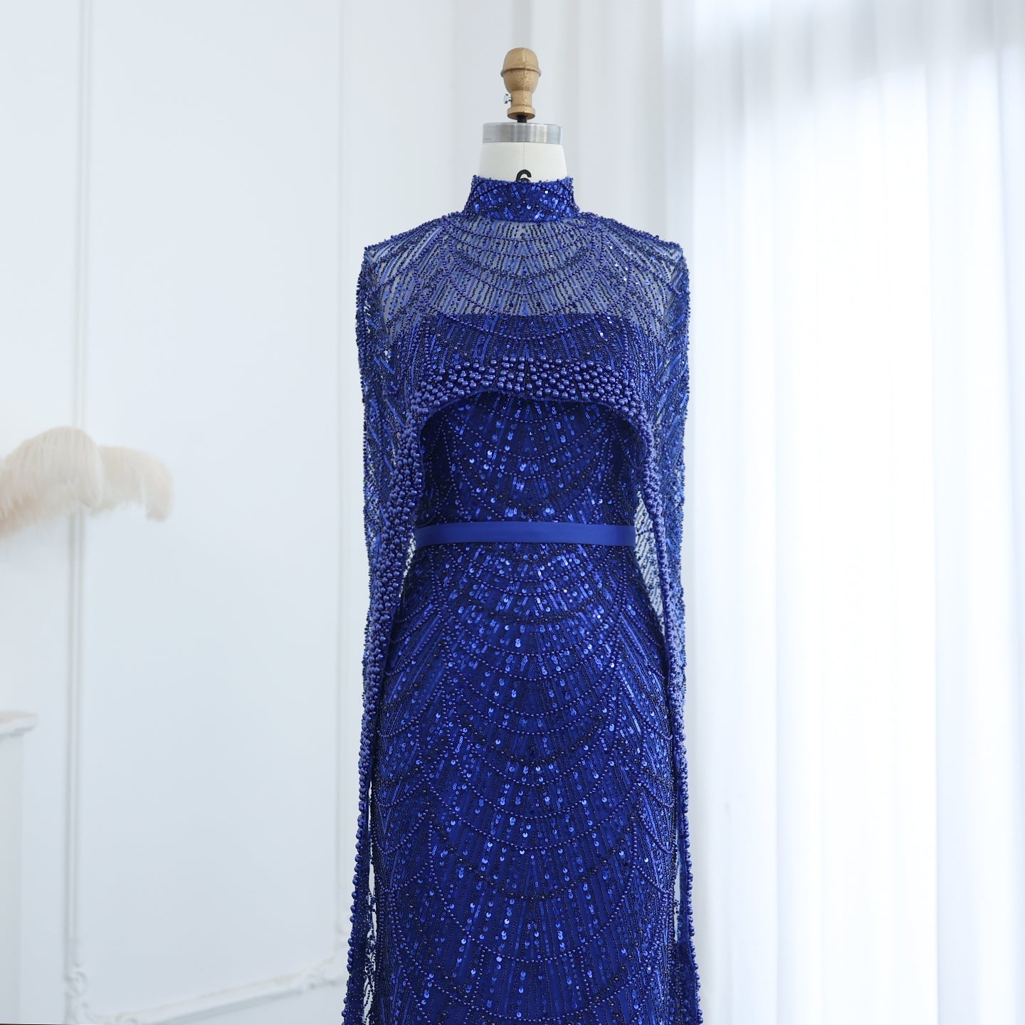 Luxury Pearls Champagne Evening Dress with Cape SS369