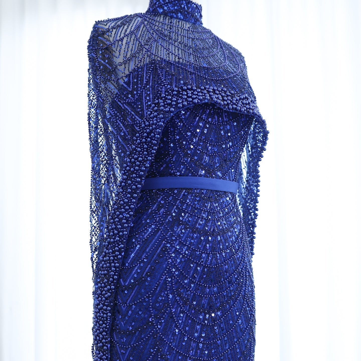 Luxury Pearls Champagne Evening Dress with Cape SS369