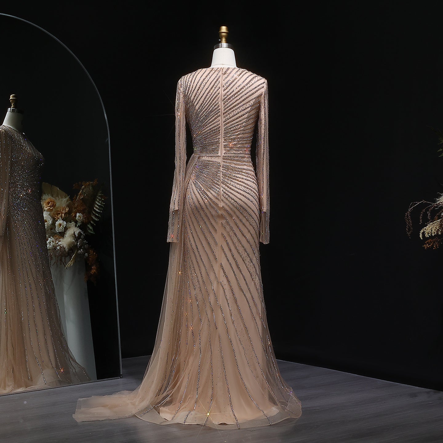 Luxury Beaded Gold Long Sleeves Evening Dress with Overskirt SS113