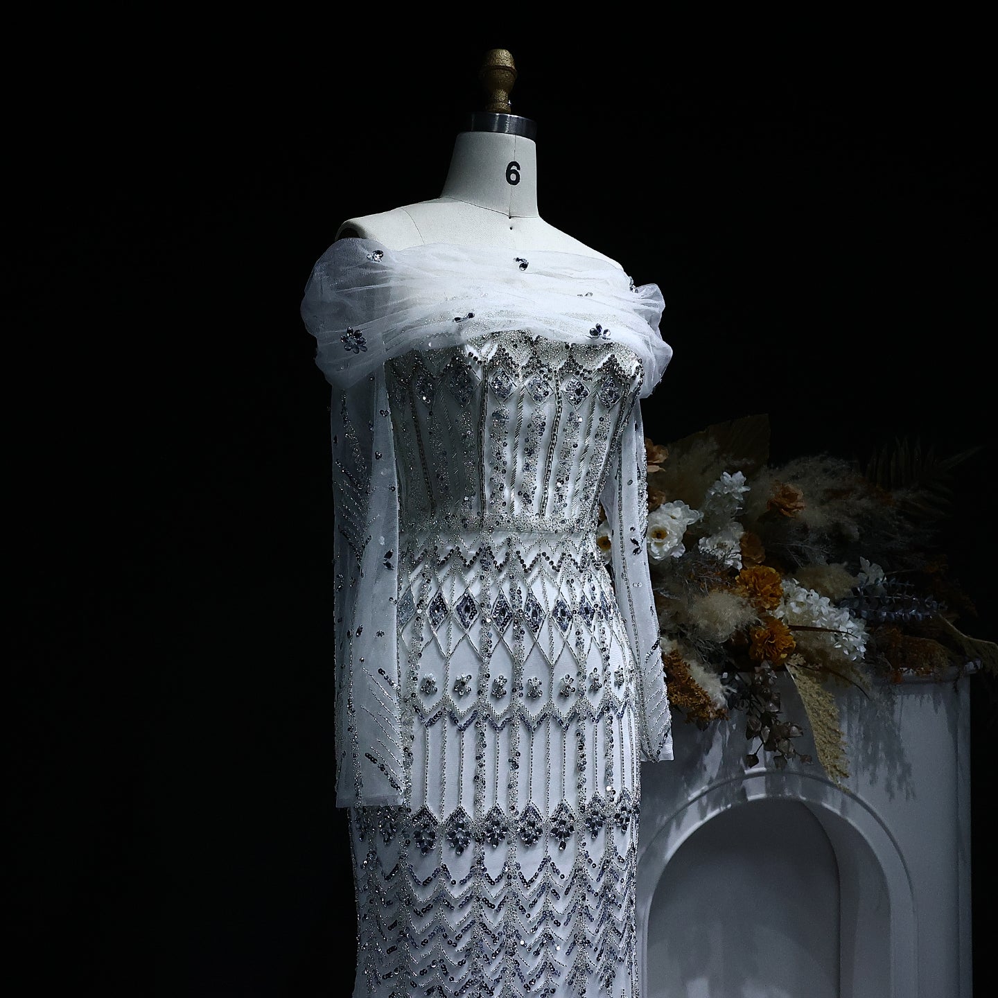Luxury White Beaded Short Sleeves Evening Dress SS291