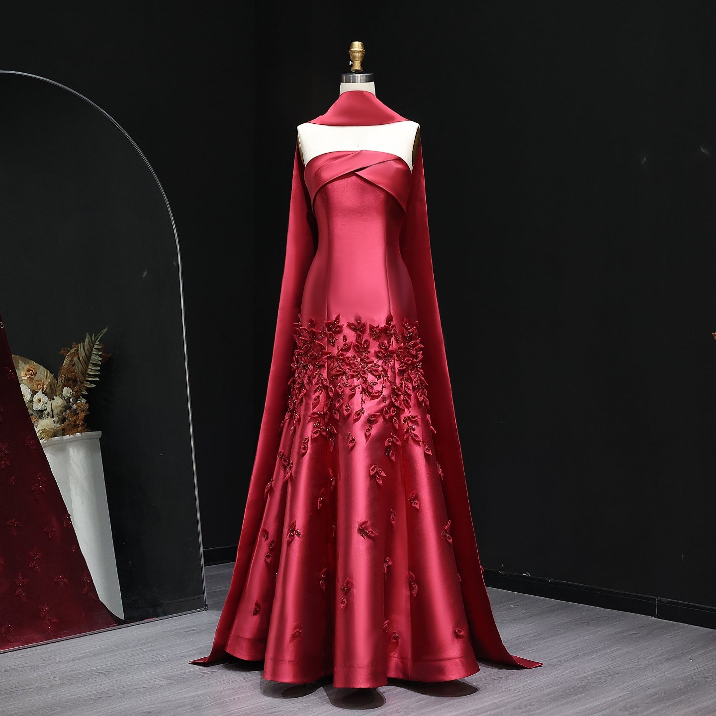 Luxury 3D Leaves Pink Satin Evening Dress with Cape SS463  Burgundy / US 16