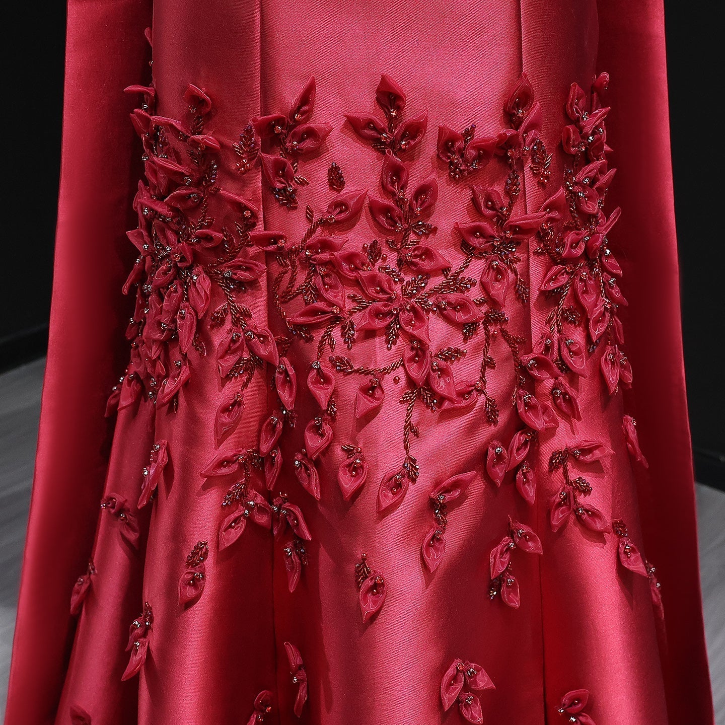 Luxury 3D Leaves Pink Satin Evening Dress with Cape SS463