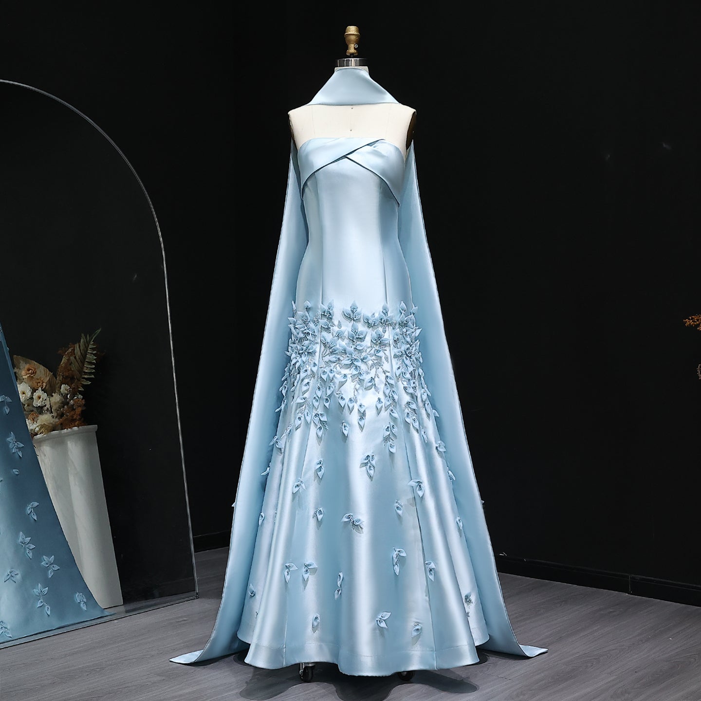 Luxury 3D Leaves Pink Satin Evening Dress with Cape SS463  Blue / US 16