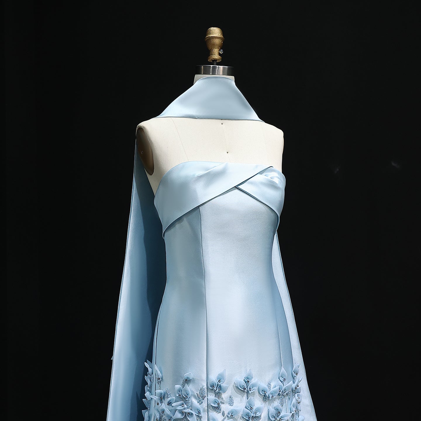 Luxury 3D Leaves Pink Satin Evening Dress with Cape SS463