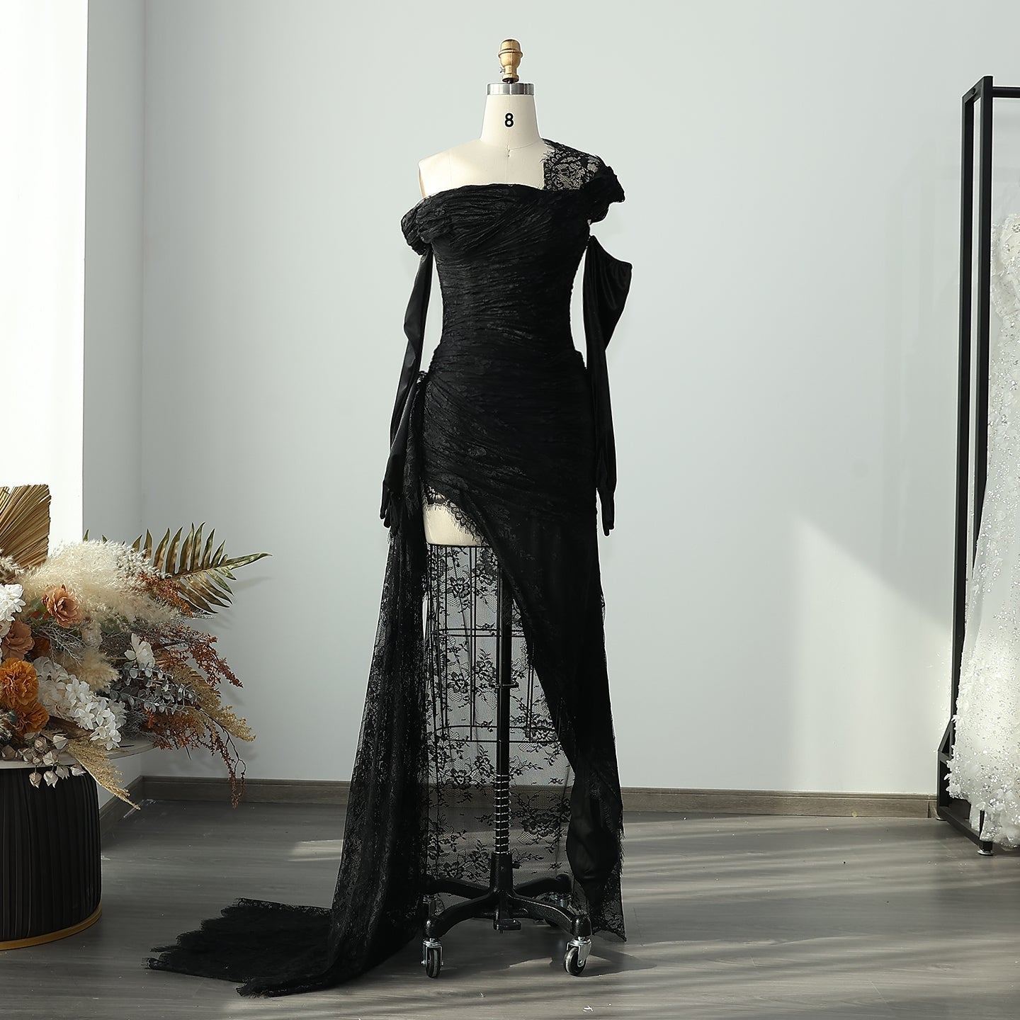 Elegant Lace Black Dress with Gloves SF017  Black / US 20