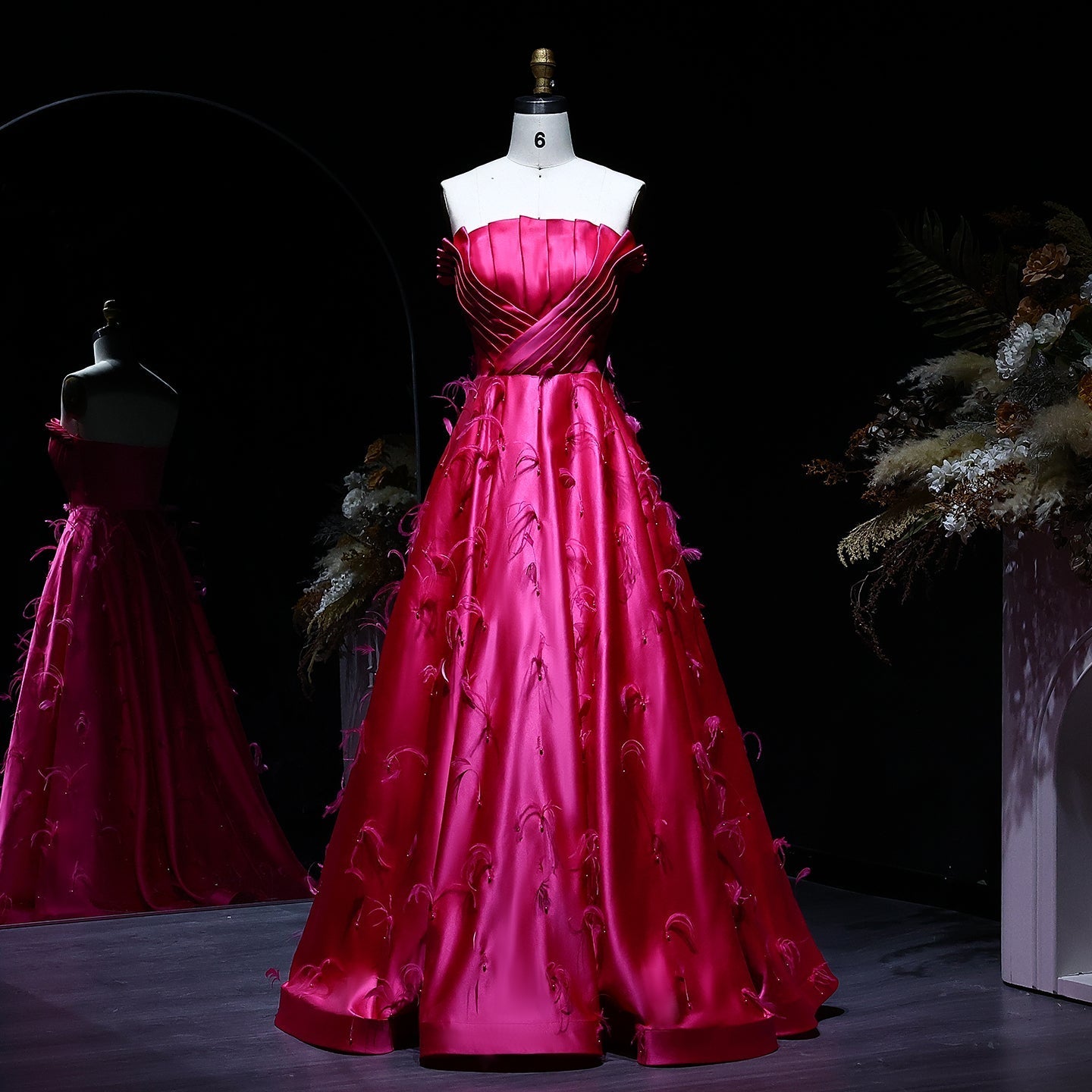 Elegant Strapless Fuchsia Satin Evening Dress with Feathers SS569  Fuchsia / US 16