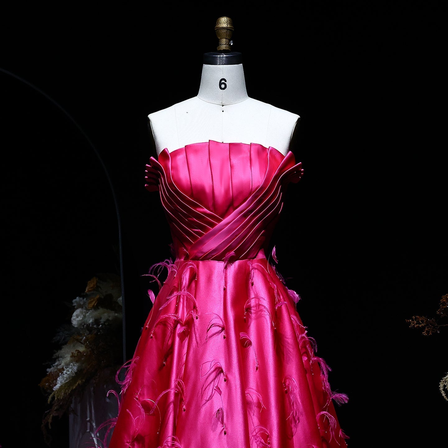 Elegant Strapless Fuchsia Satin Evening Dress with Feathers SS569
